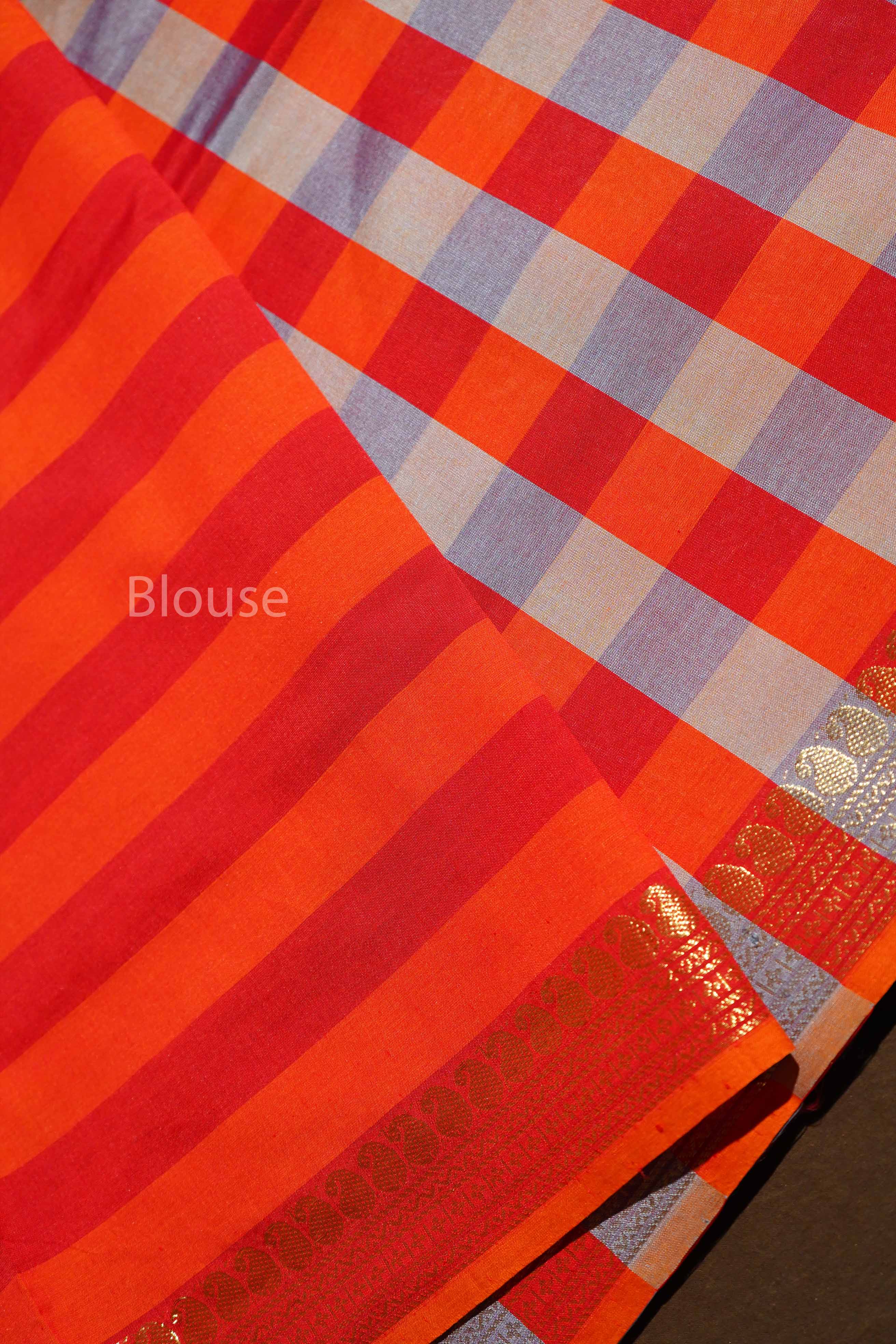 Grey With Orange Checks Semi Silk Cotton Saree