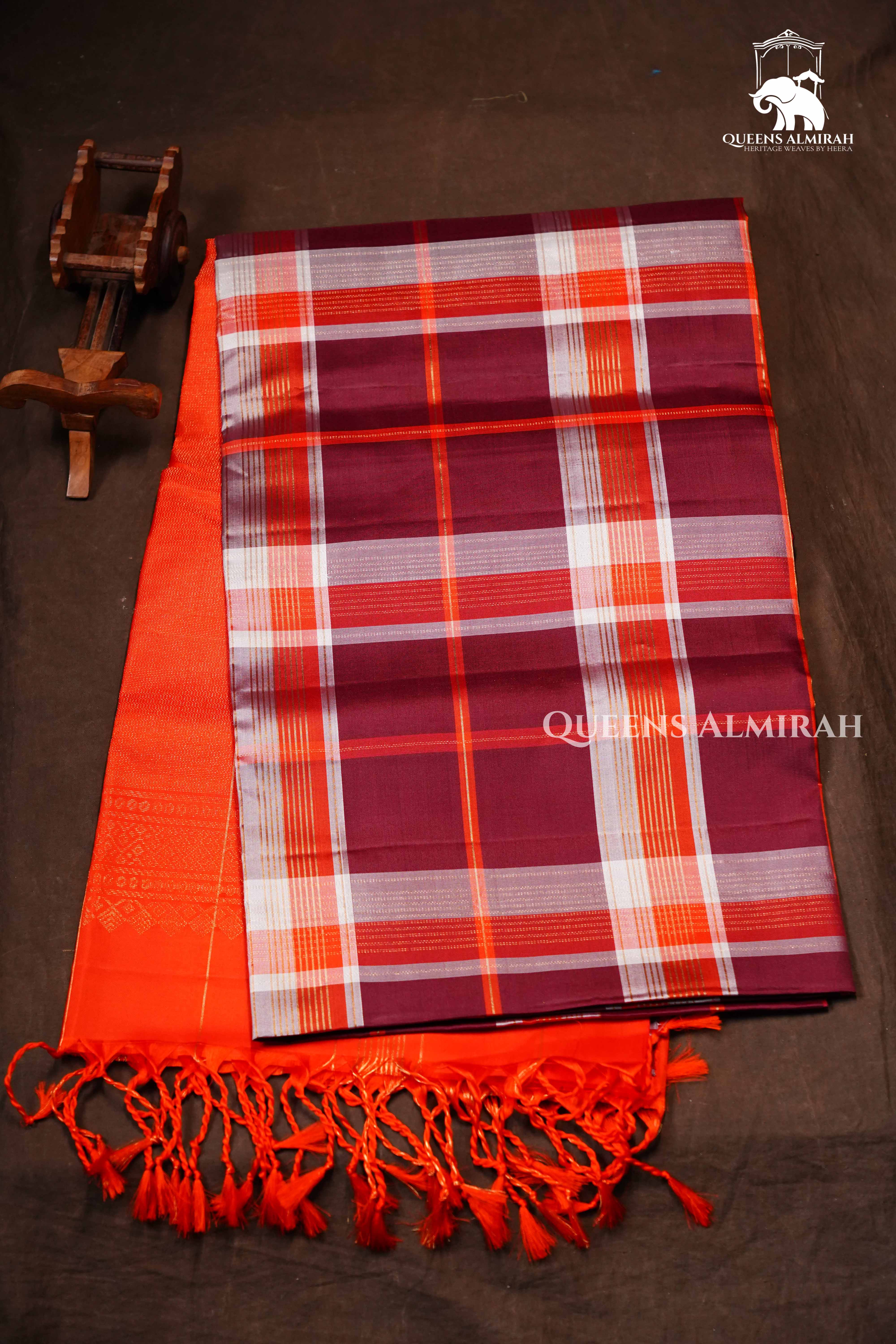 Maroon With Orange Pure Soft Silk Saree