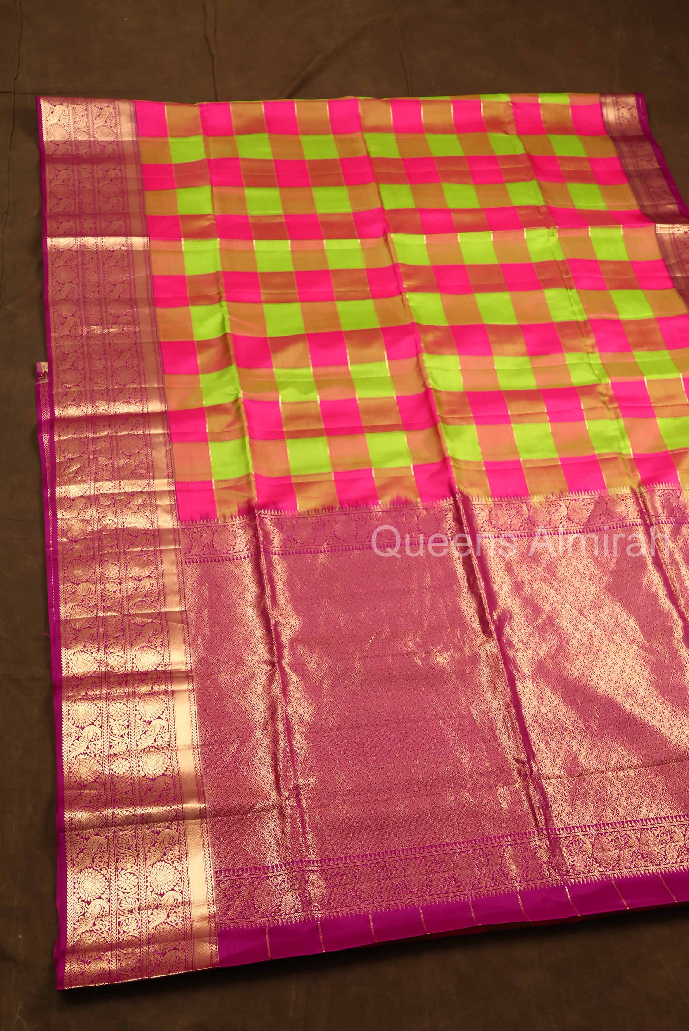 Pink And Green Yaanai Kattam Pure Soft Silk Saree
