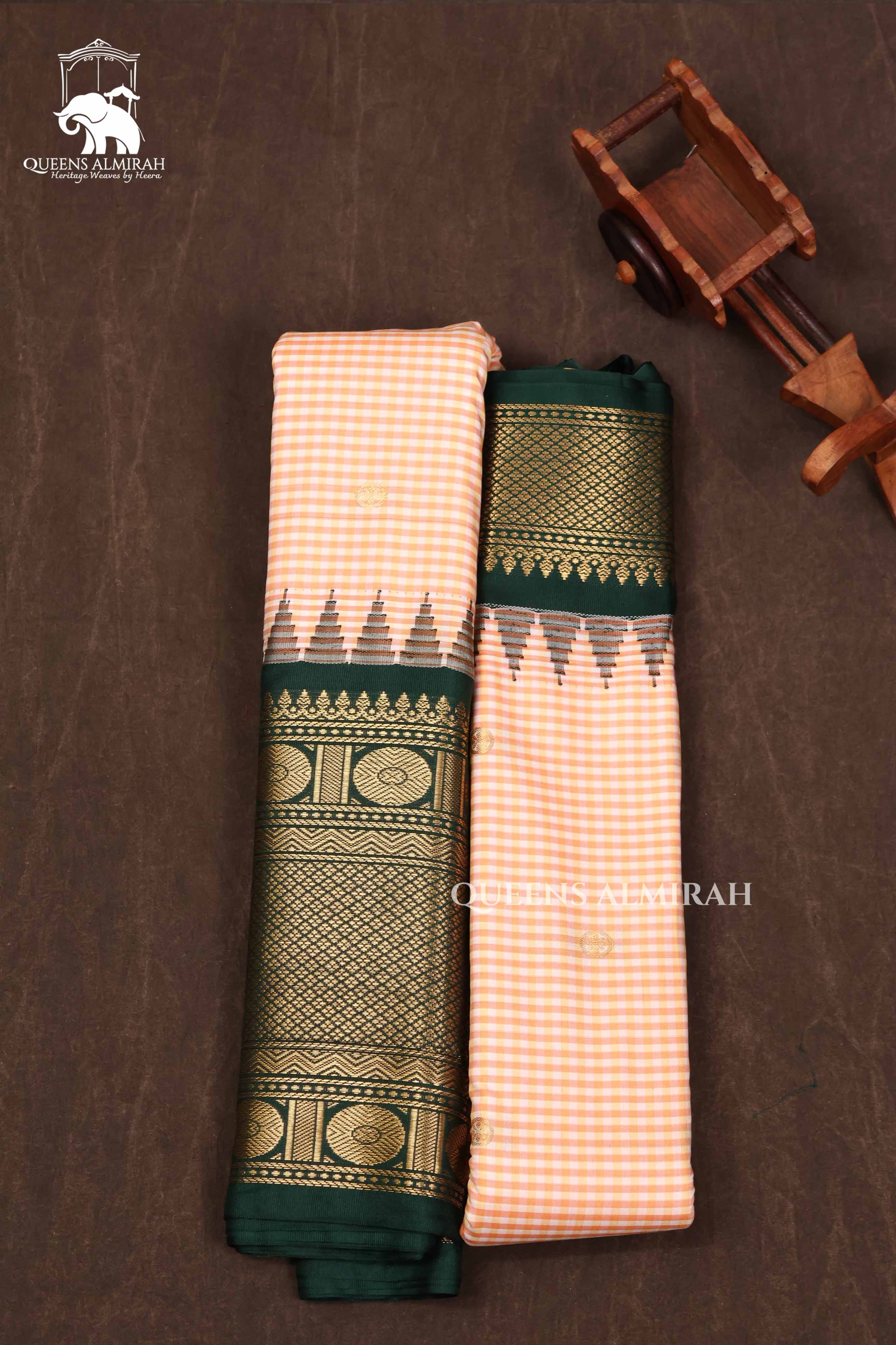 Peach With Green Semi Gadwal Silk Saree