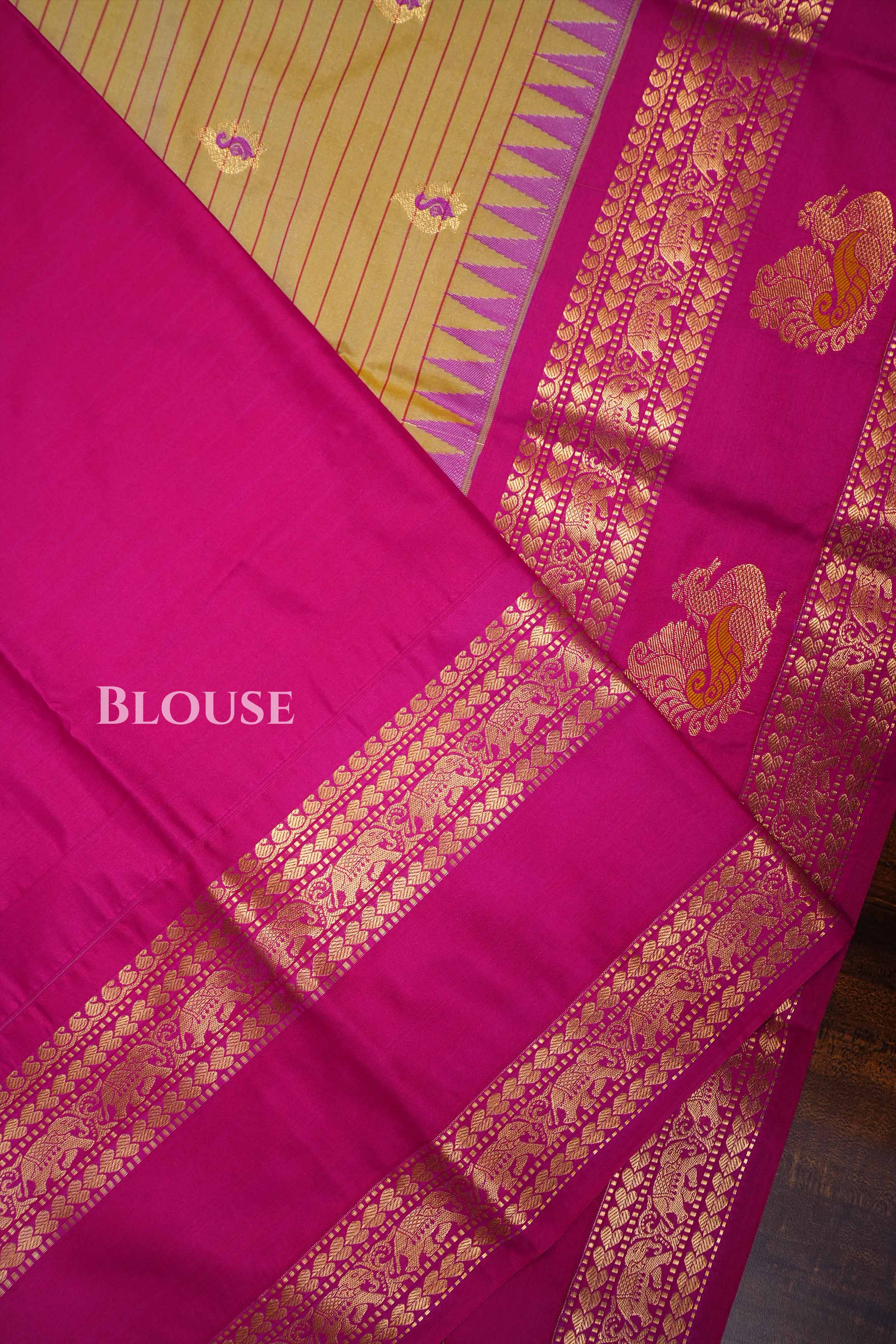 Light Yellow with rani pink Semi Gadwal Silk Saree