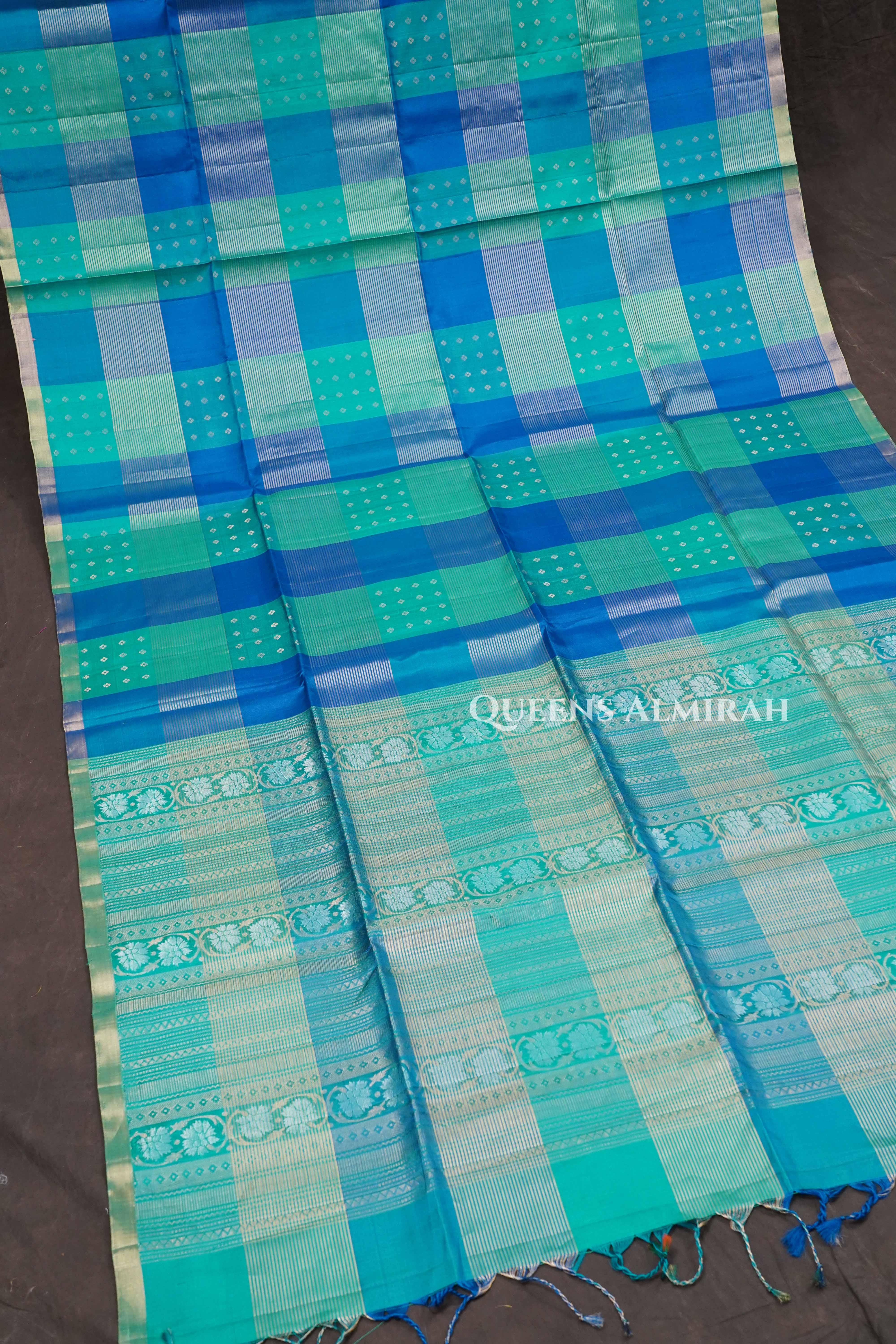 Peacock Blue With Sea Green Checks Pure Soft Silk Saree