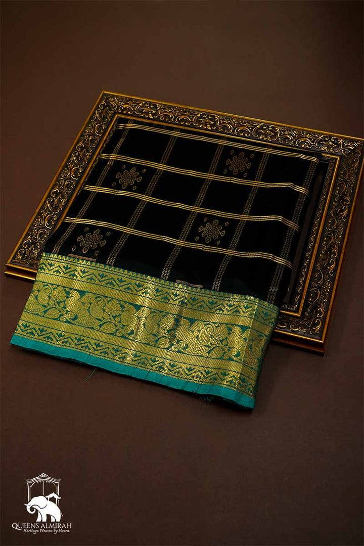 PURE KANCHI SILK COTTON - RICH BLACK WITH TEAL BLUE - Queens Jewel Emporium