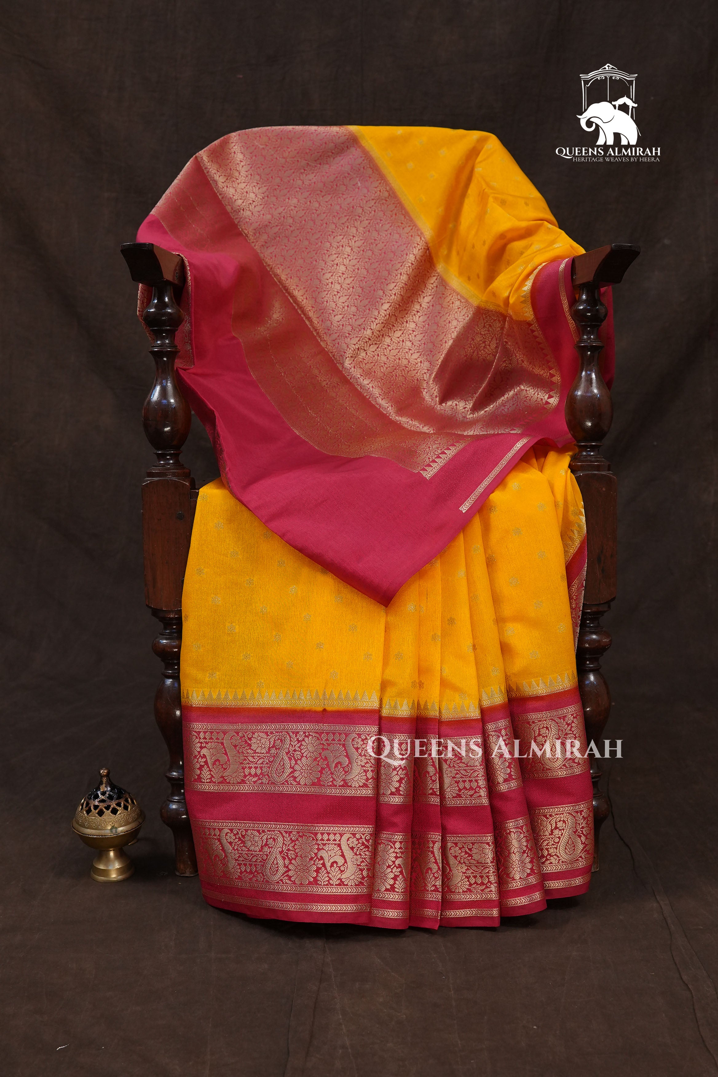 Mango Yellow With Red Semi Banarasi Silk Saree