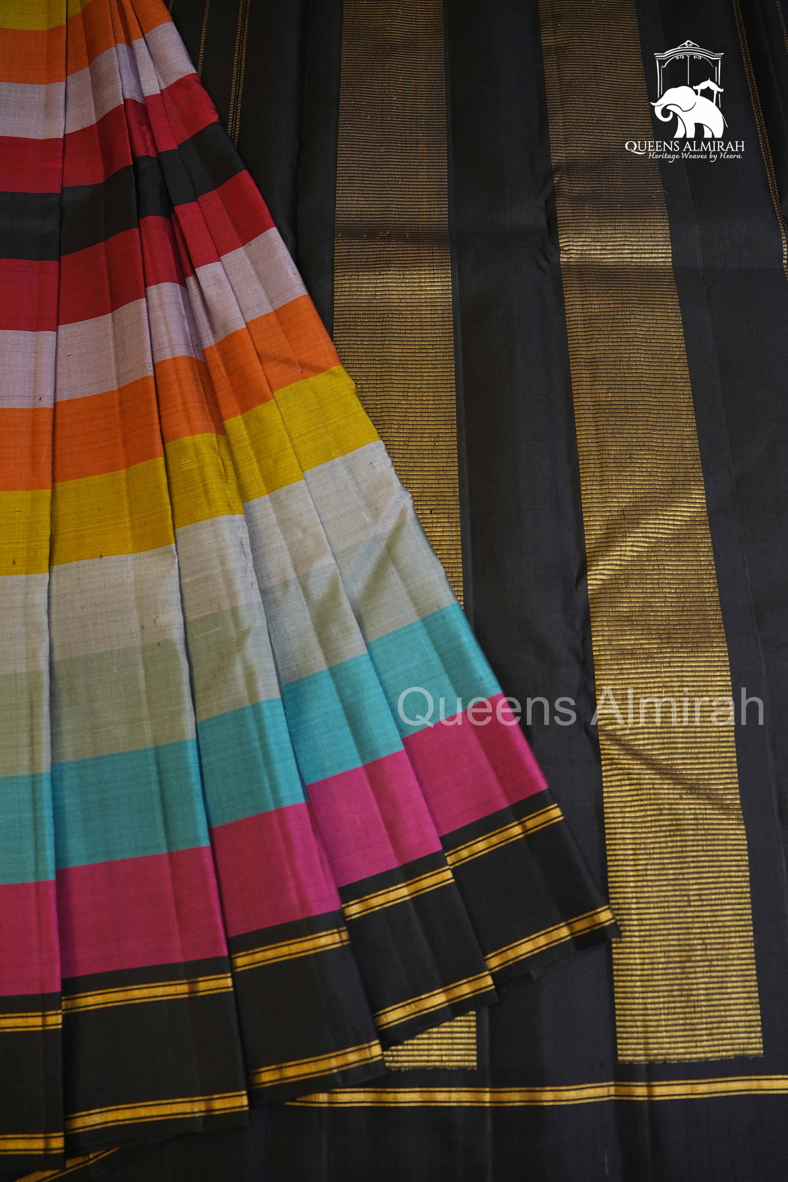 Multi Color With Black Gap Border Pure Kanchivaram Silk Saree