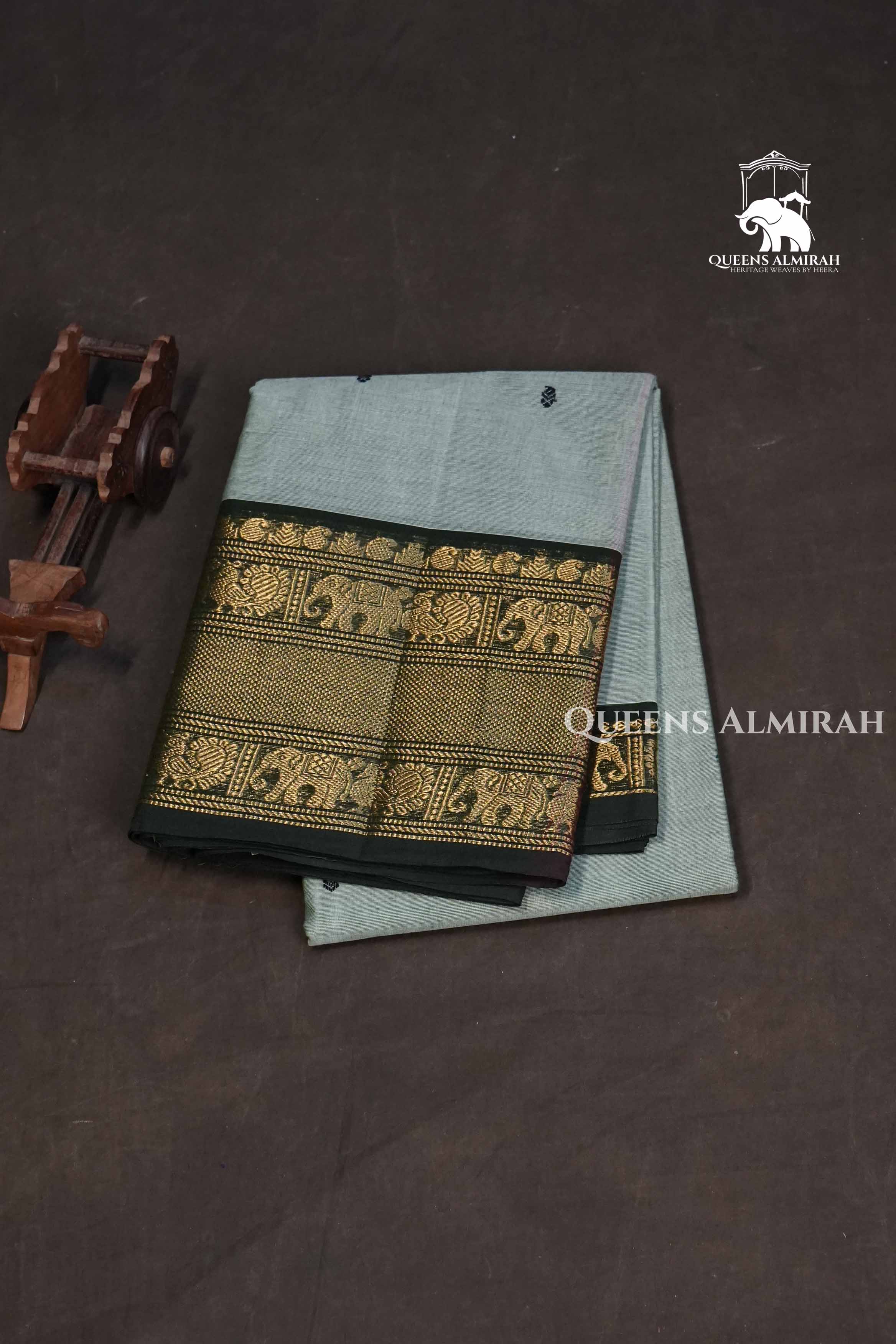 Ash Grey With Dark Green Kanchi Cotton Saree