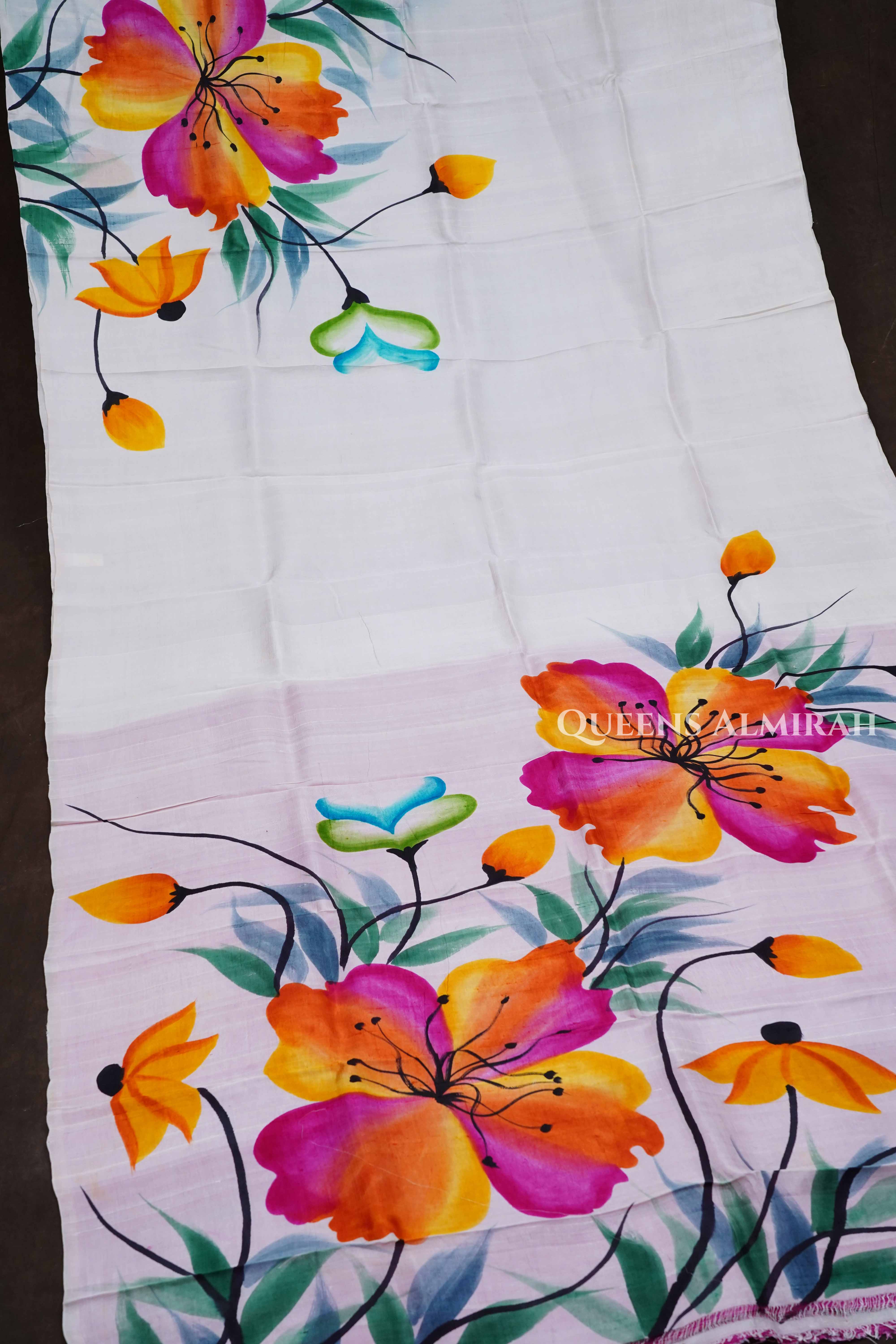 White Handpainted Floral Pure Tussar Silk Saree
