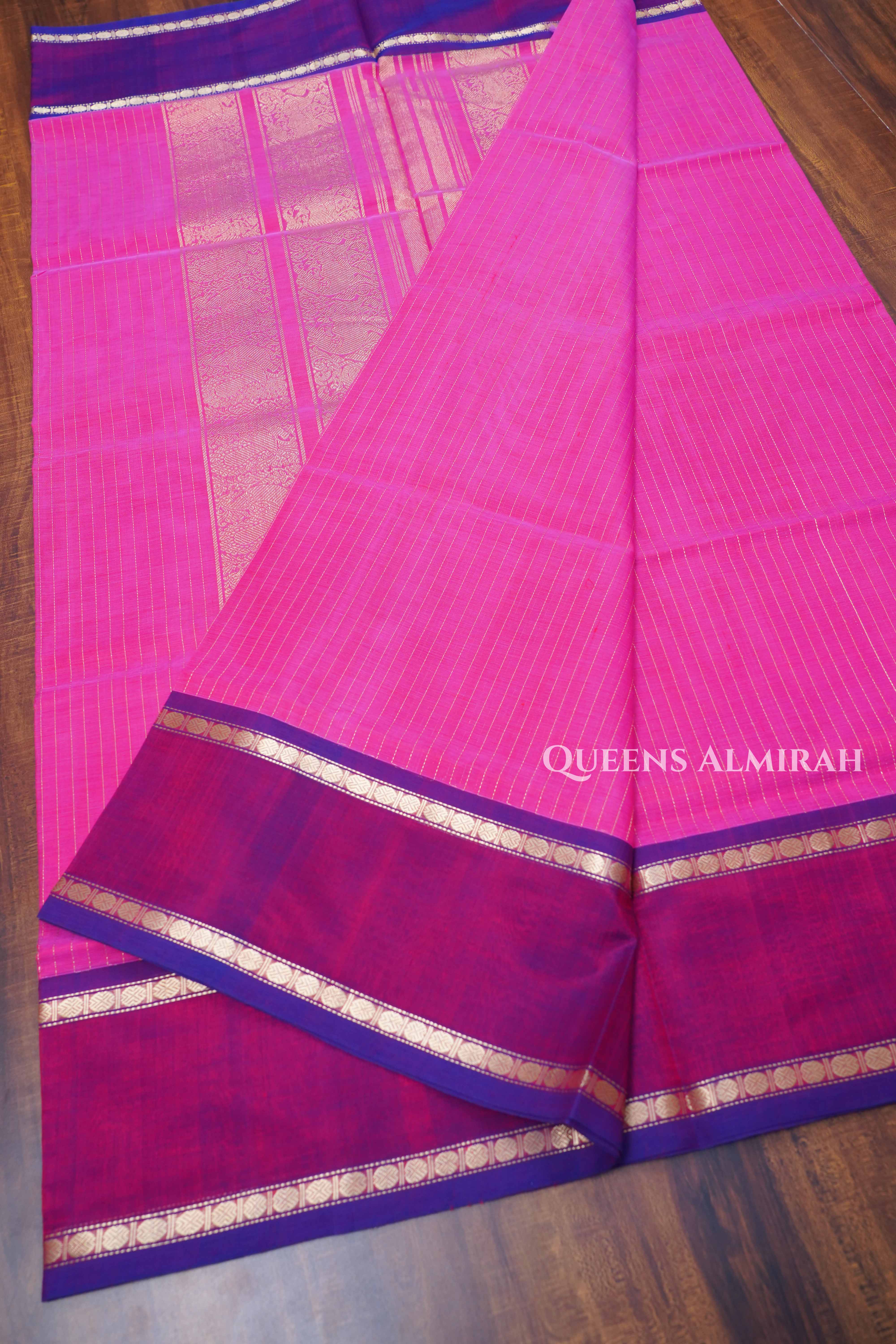 Rani Pink With Purple Karaikudi Chettinad Silk Cotton Saree