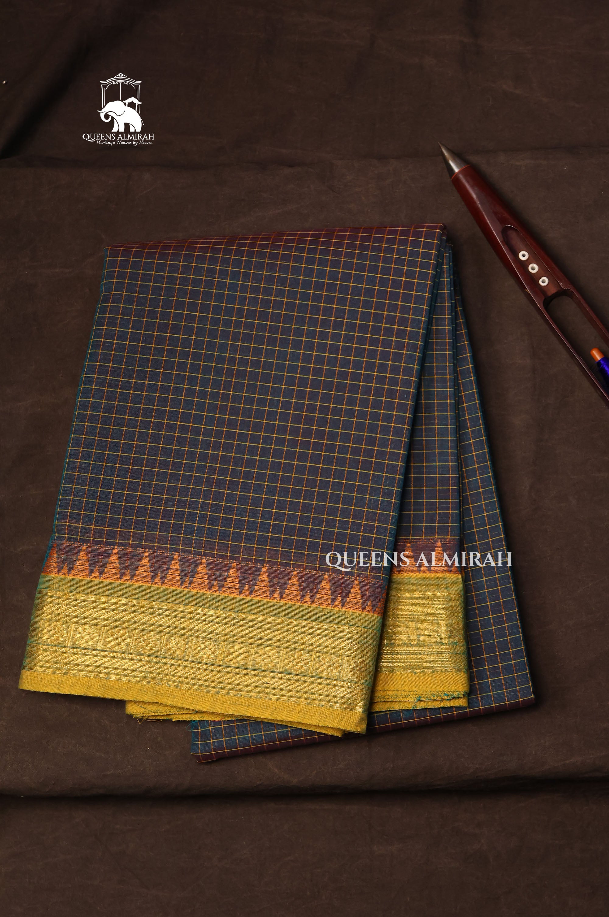 Dusky Blue With Green Kanchi Cotton Saree