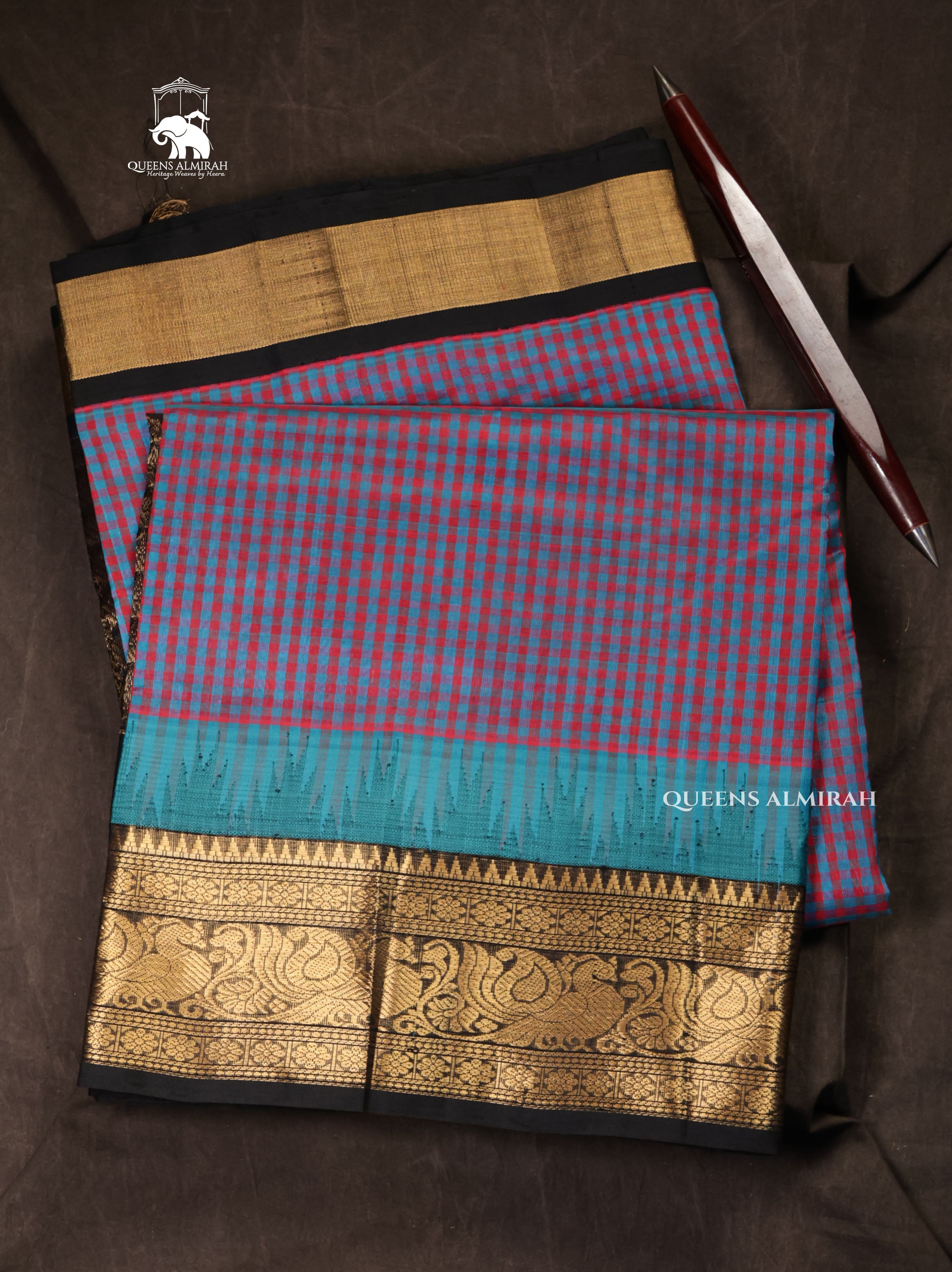Blue With Pink Kattam With Black Pure Silk Cotton Saree