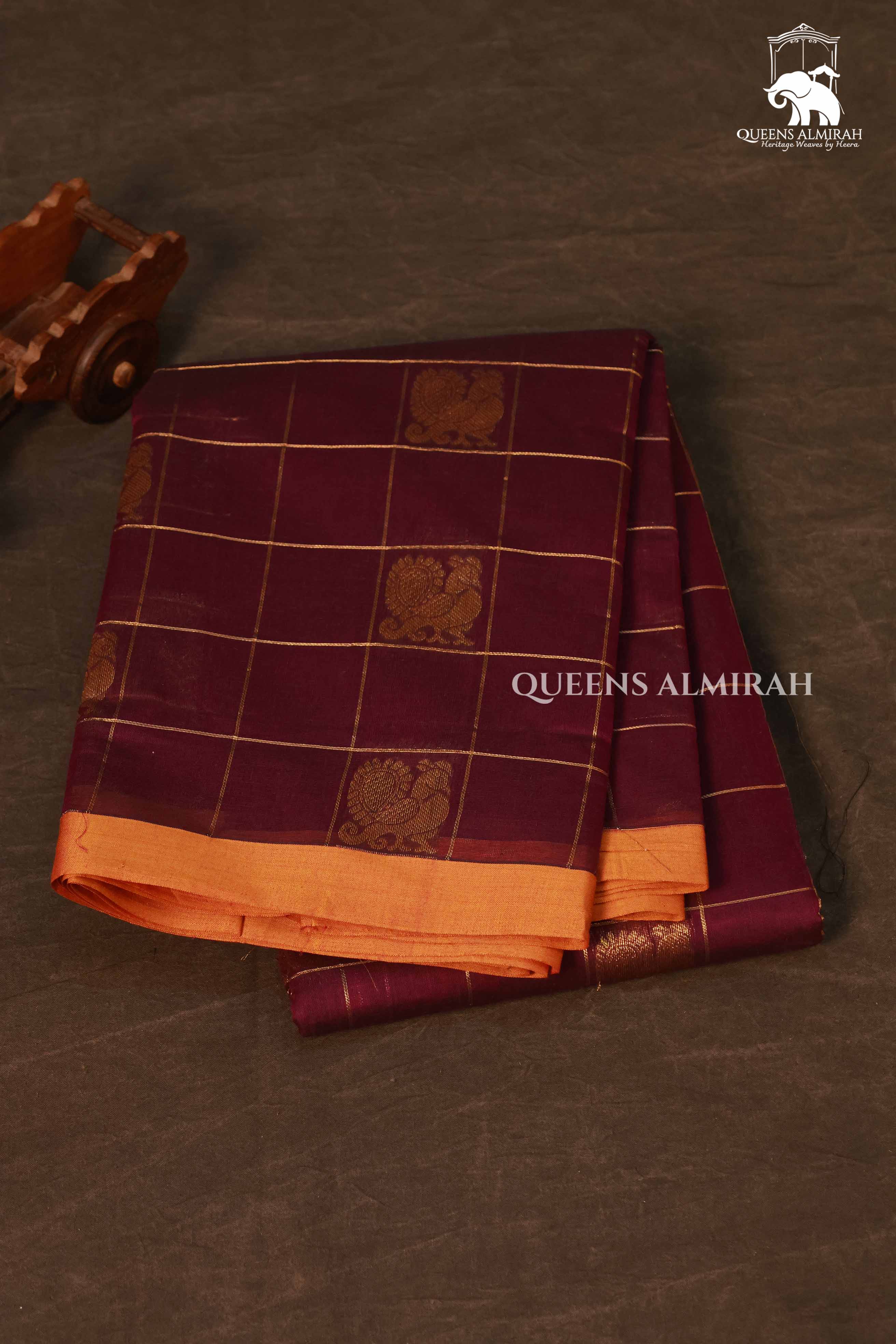 Araku Maroon Kattam With Peacock Butta Kanchi Cotton Saree