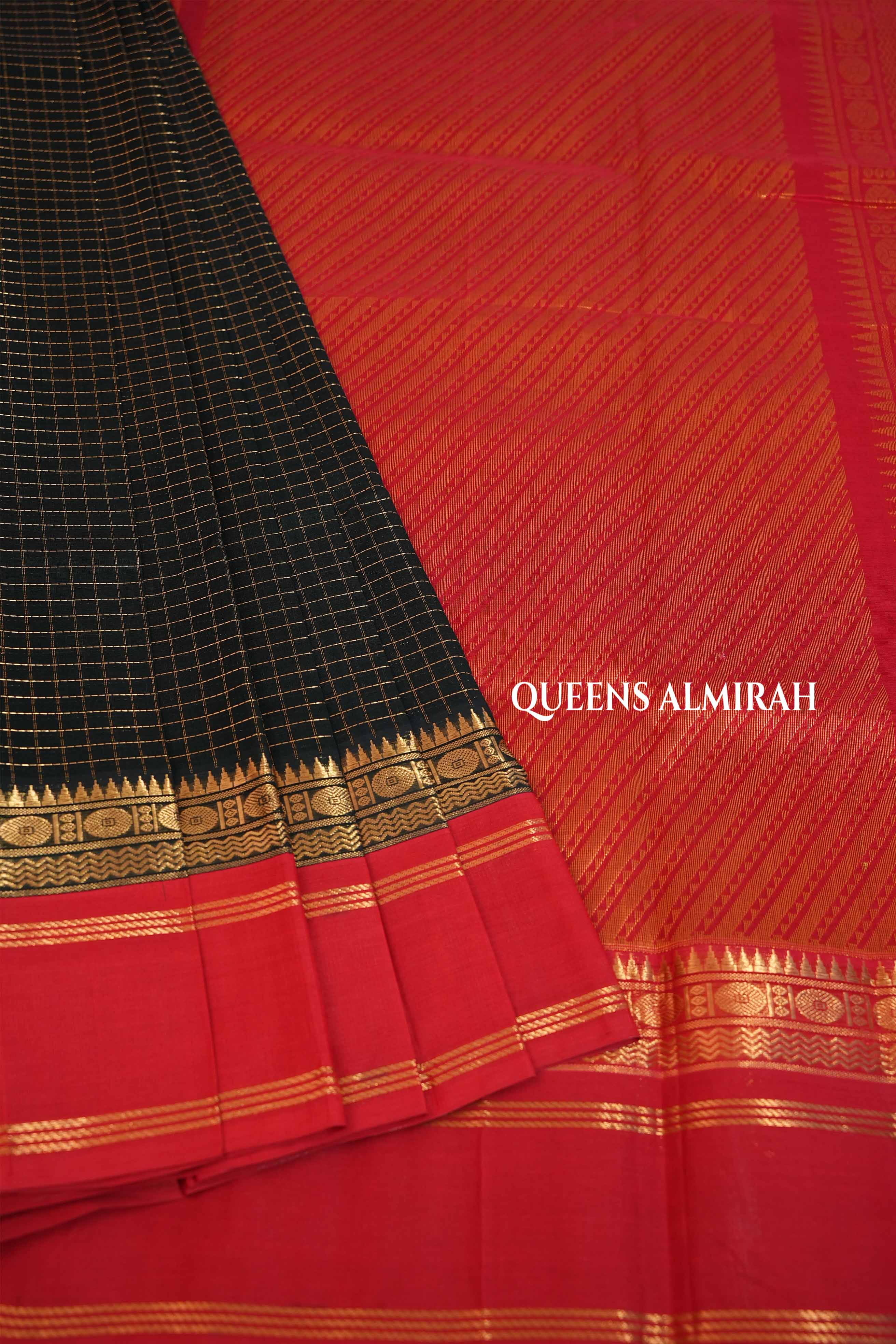 Dark Green Kattam With Red Gap Border Pure Silk Cotton Saree