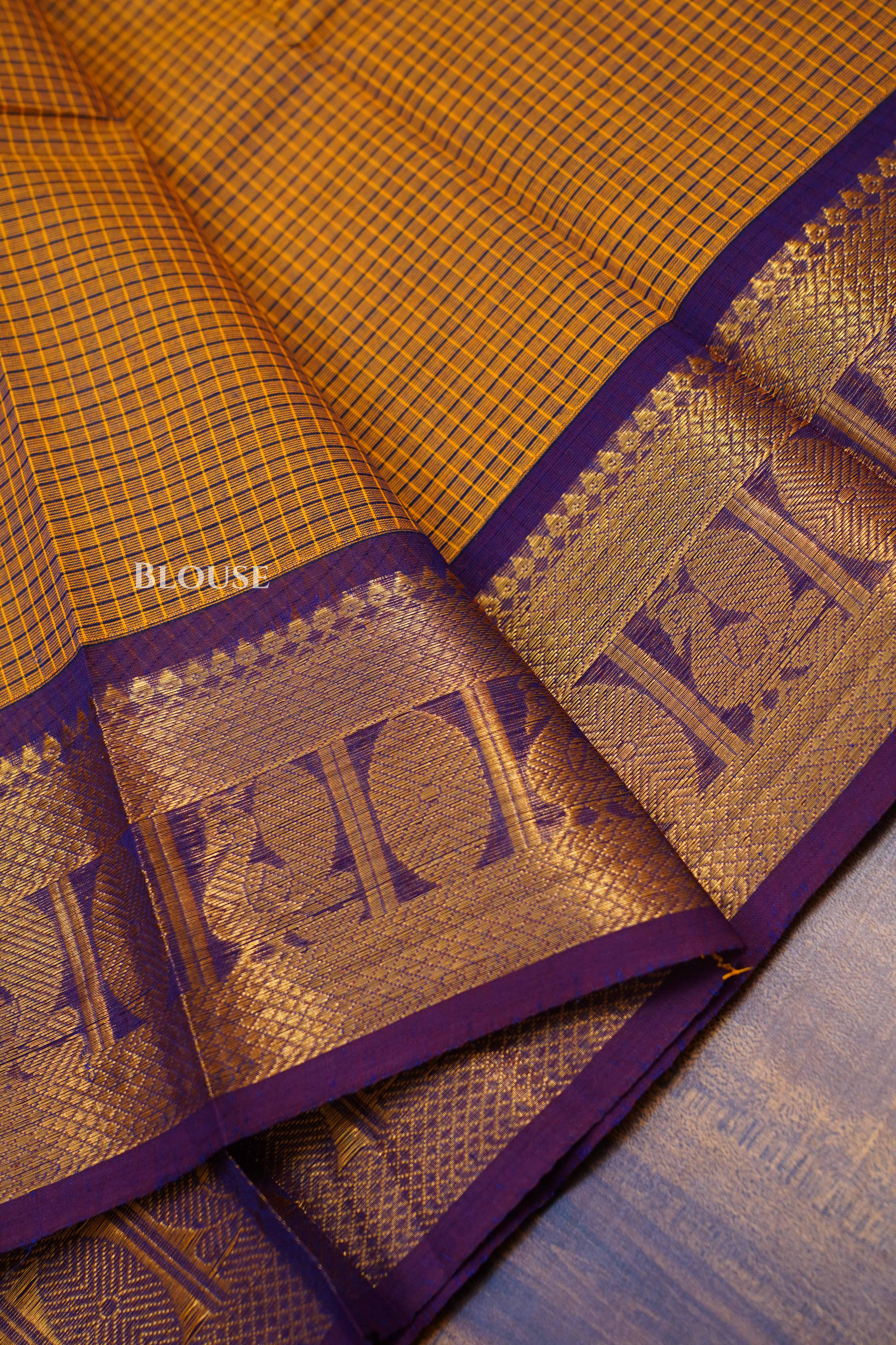 Mustard Yellow With Purple Kanchi Cotton Saree