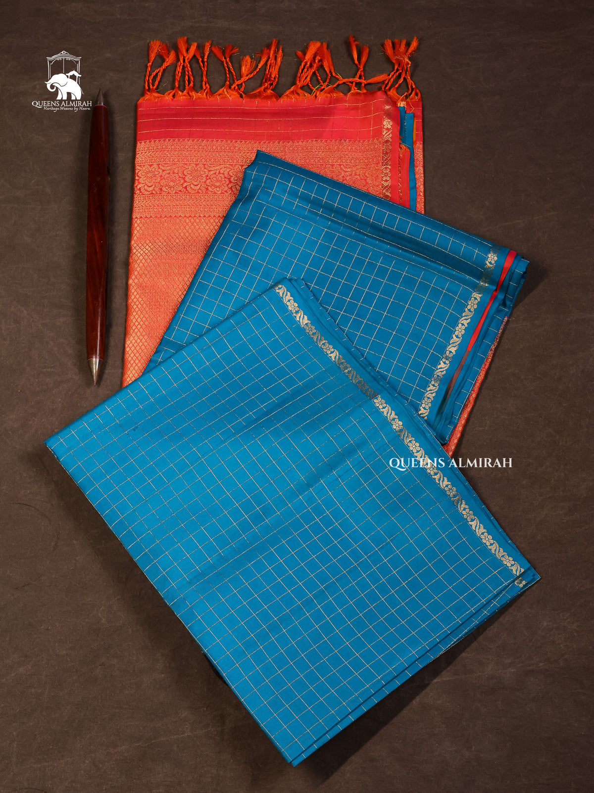 Rama Blue With Orange Pure Soft Silk Saree