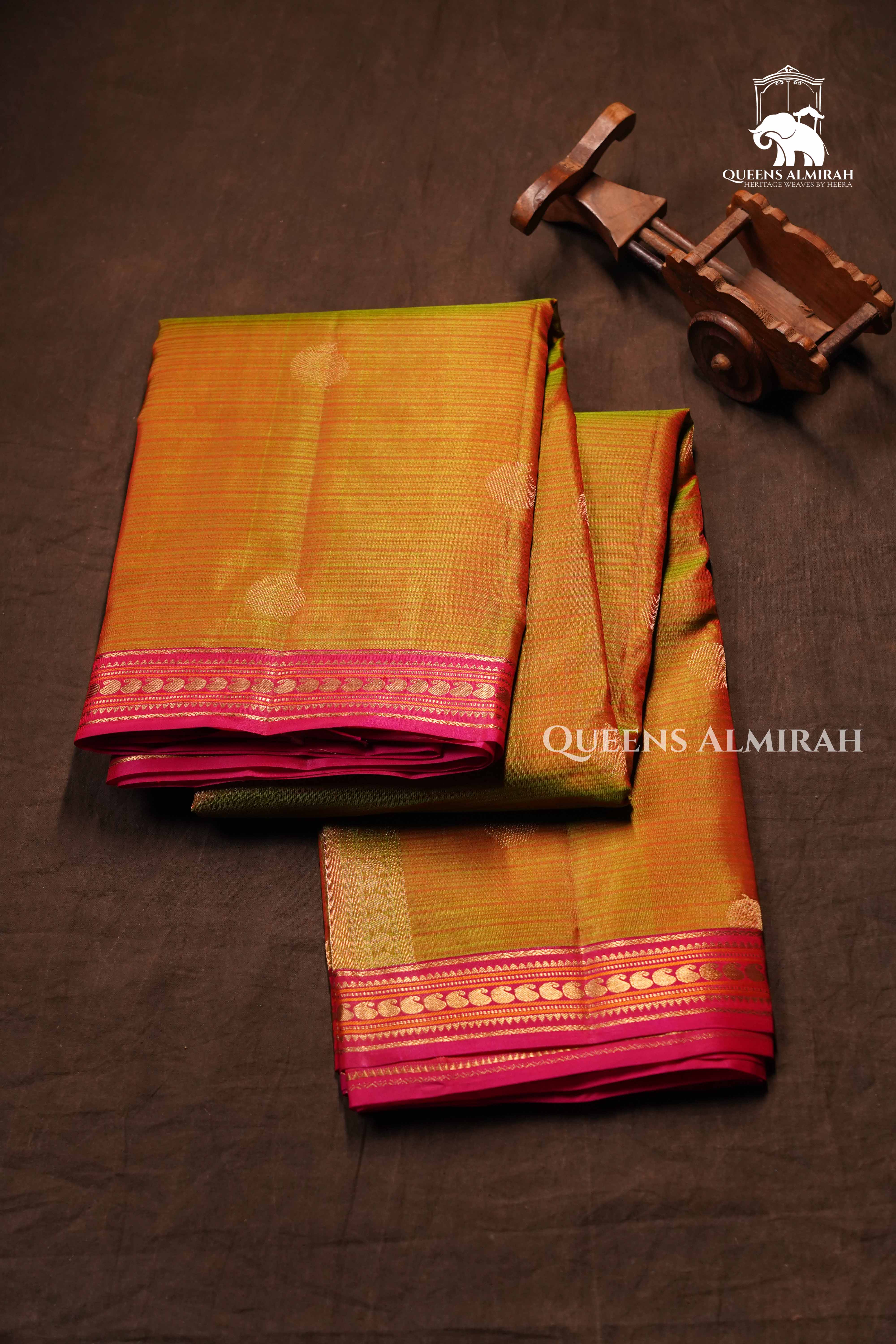 Mustard Yellow With Pink Pure kanchivaram Silk Saree