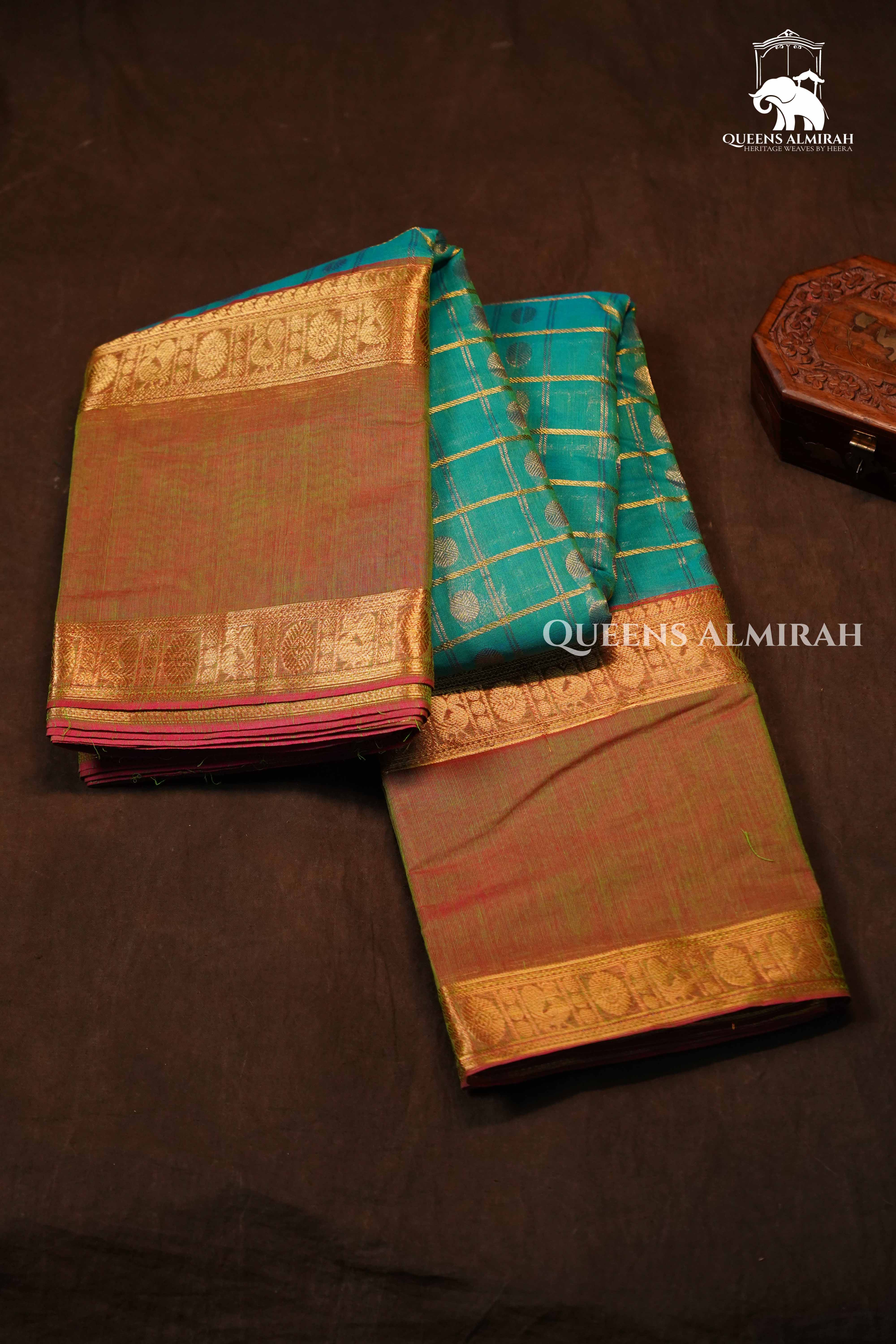 Greenish Blue With Brown Chettinad Cotton Saree