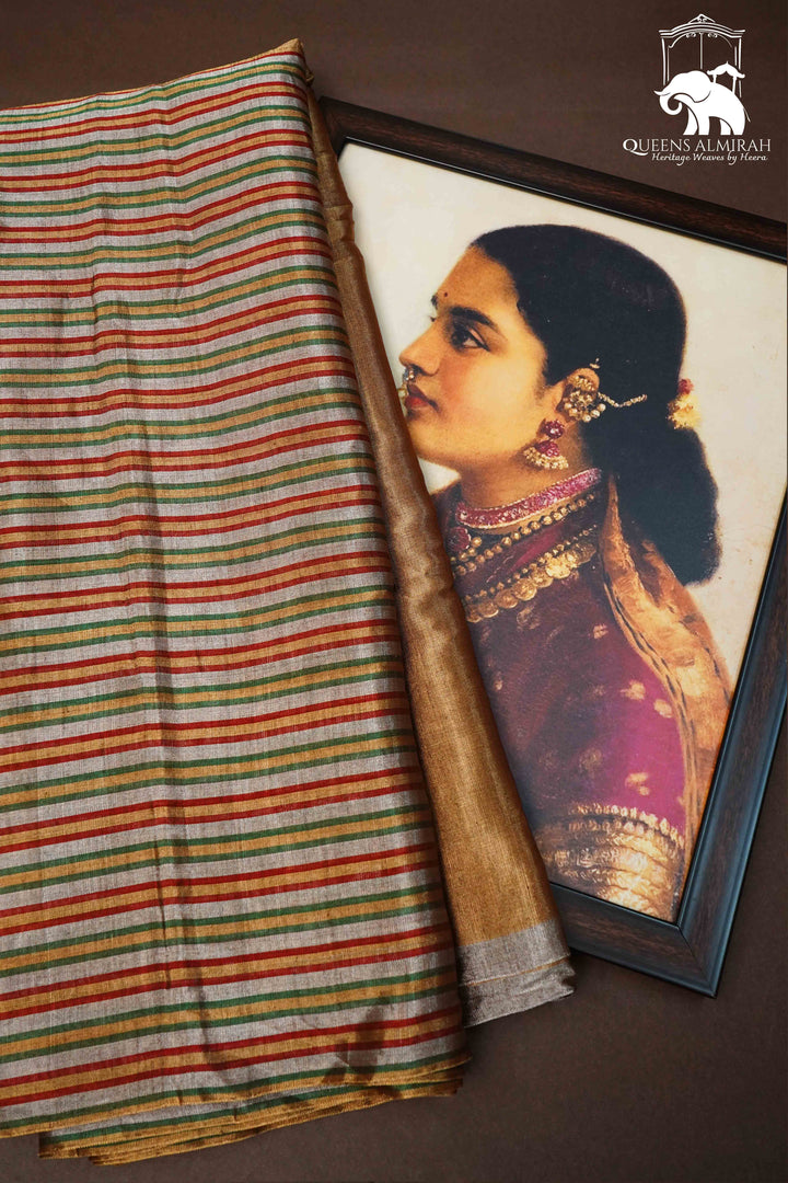 GOLDEN WITH RED AND GREEN VERTICAL STRIPES KATAN CHANDERI SILK SAREE - Queens Jewel Emporium