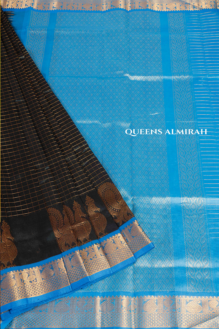 Dark Green Kattam With Blue Pure Silk Cotton Saree