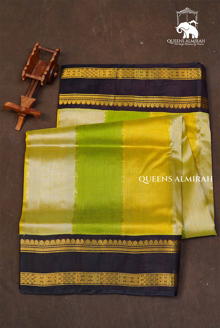 Multi Color With Black Gap Border Pure Silk Cotton Saree