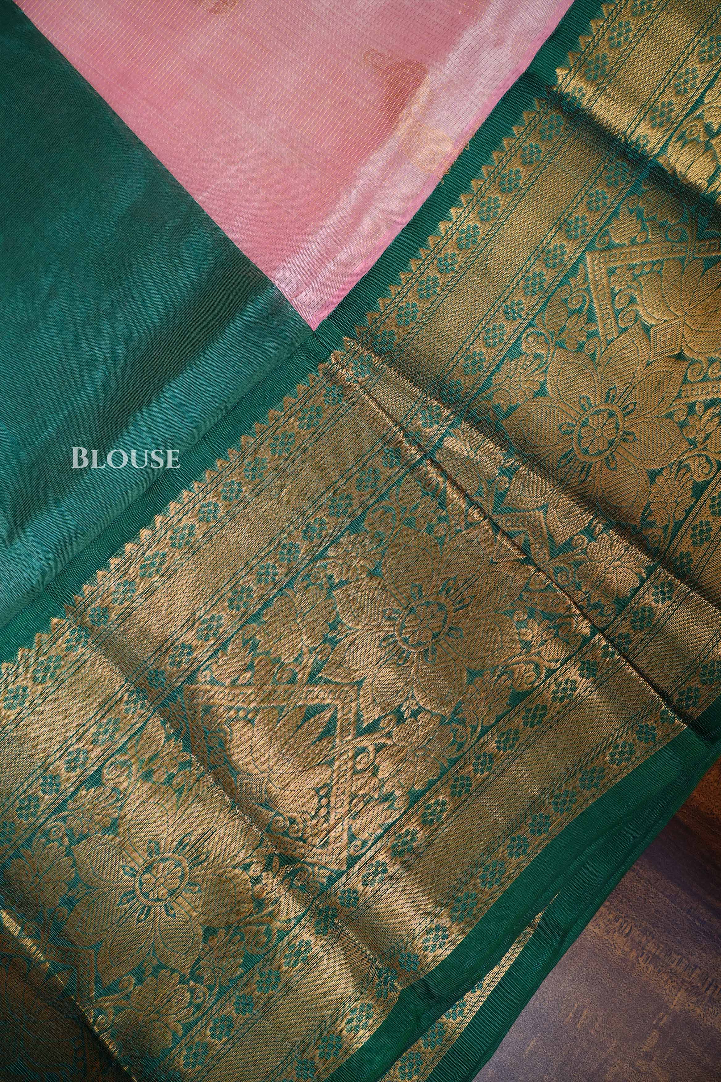 Rose Milk Pink With Green Pure Kanchi Silk Cotton Saree