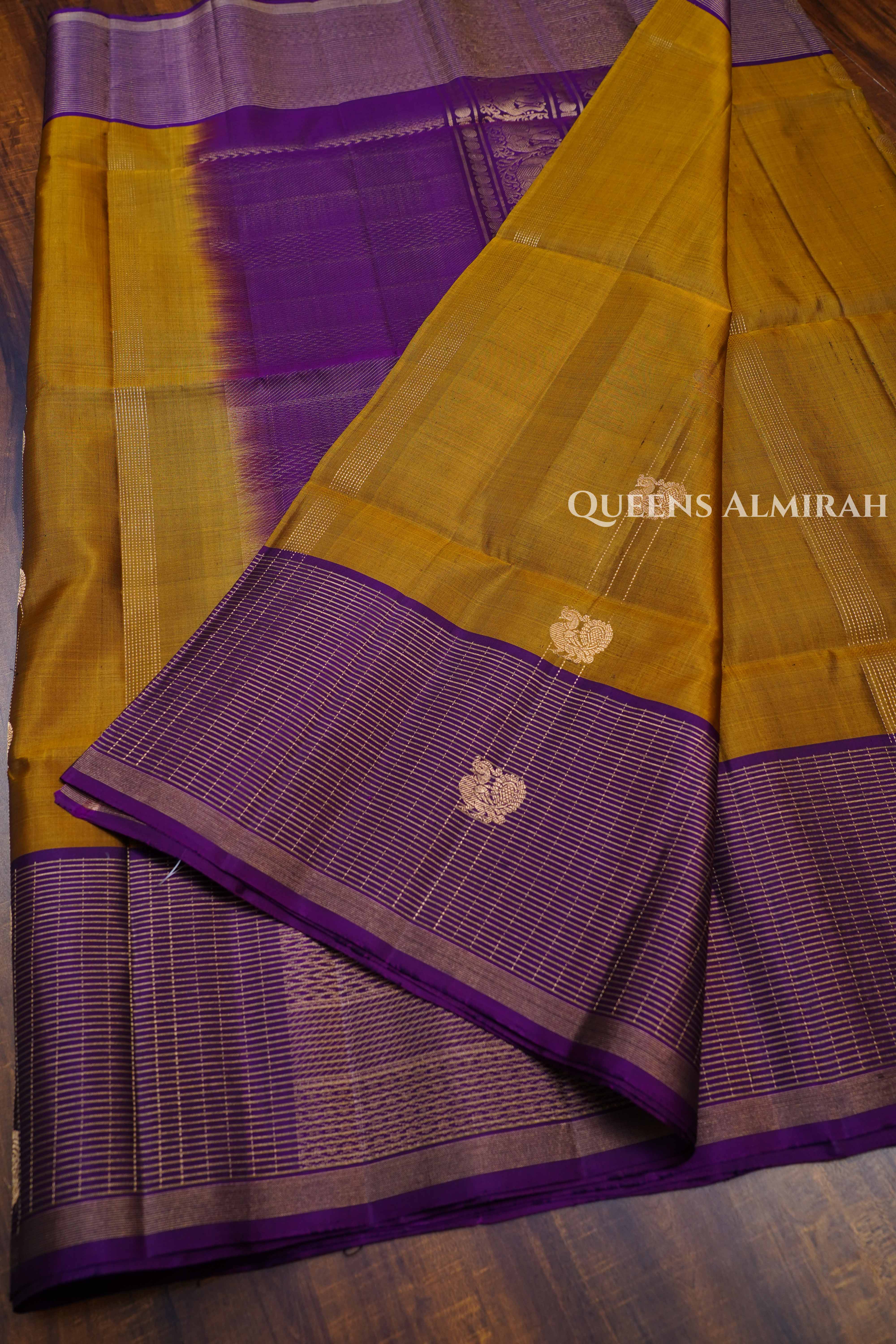 Mustard Yellow With Purple Pure Soft Silk Saree