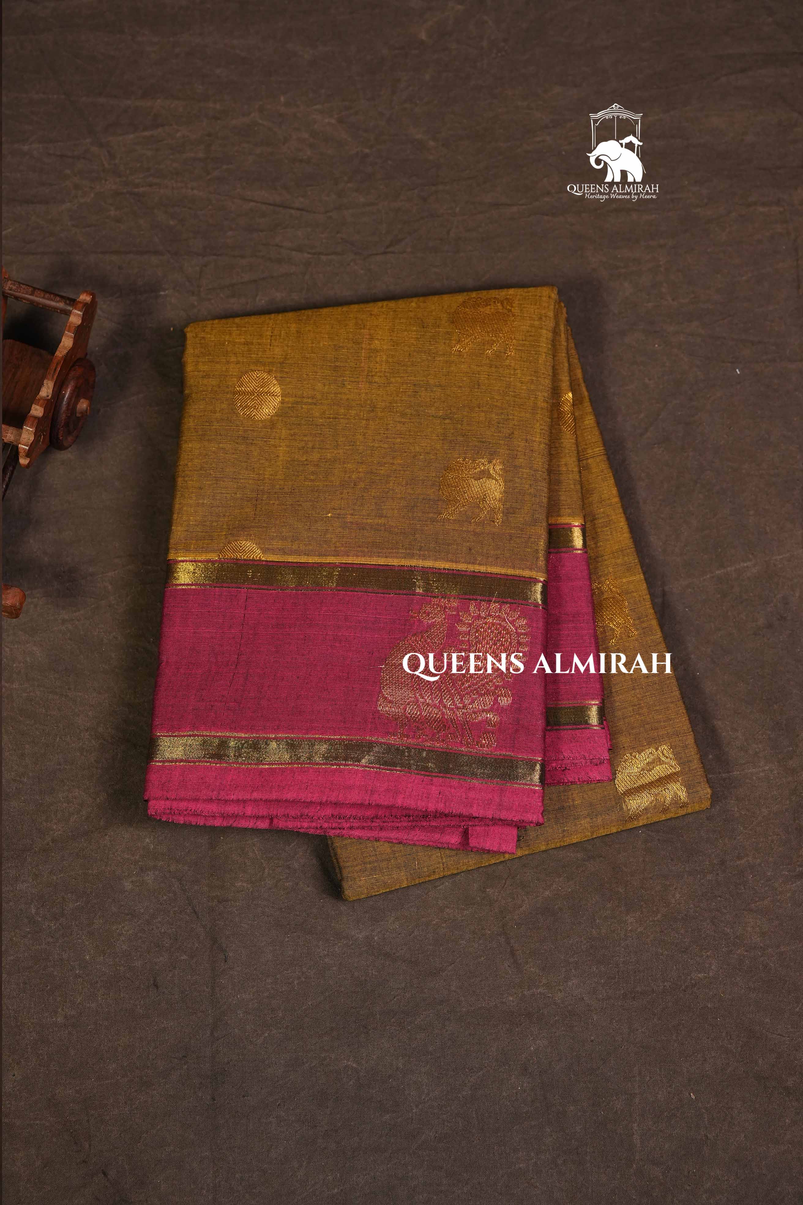 Mustard Yellow With Pink Peacocok Border Kanchi Cotton Saree