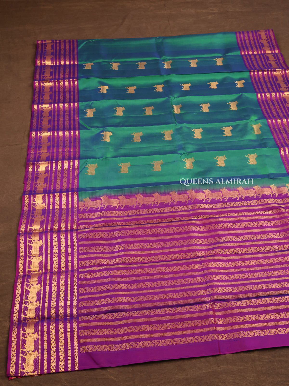 Peacock Green With Purple Pure Kanchivaram Silk Saree