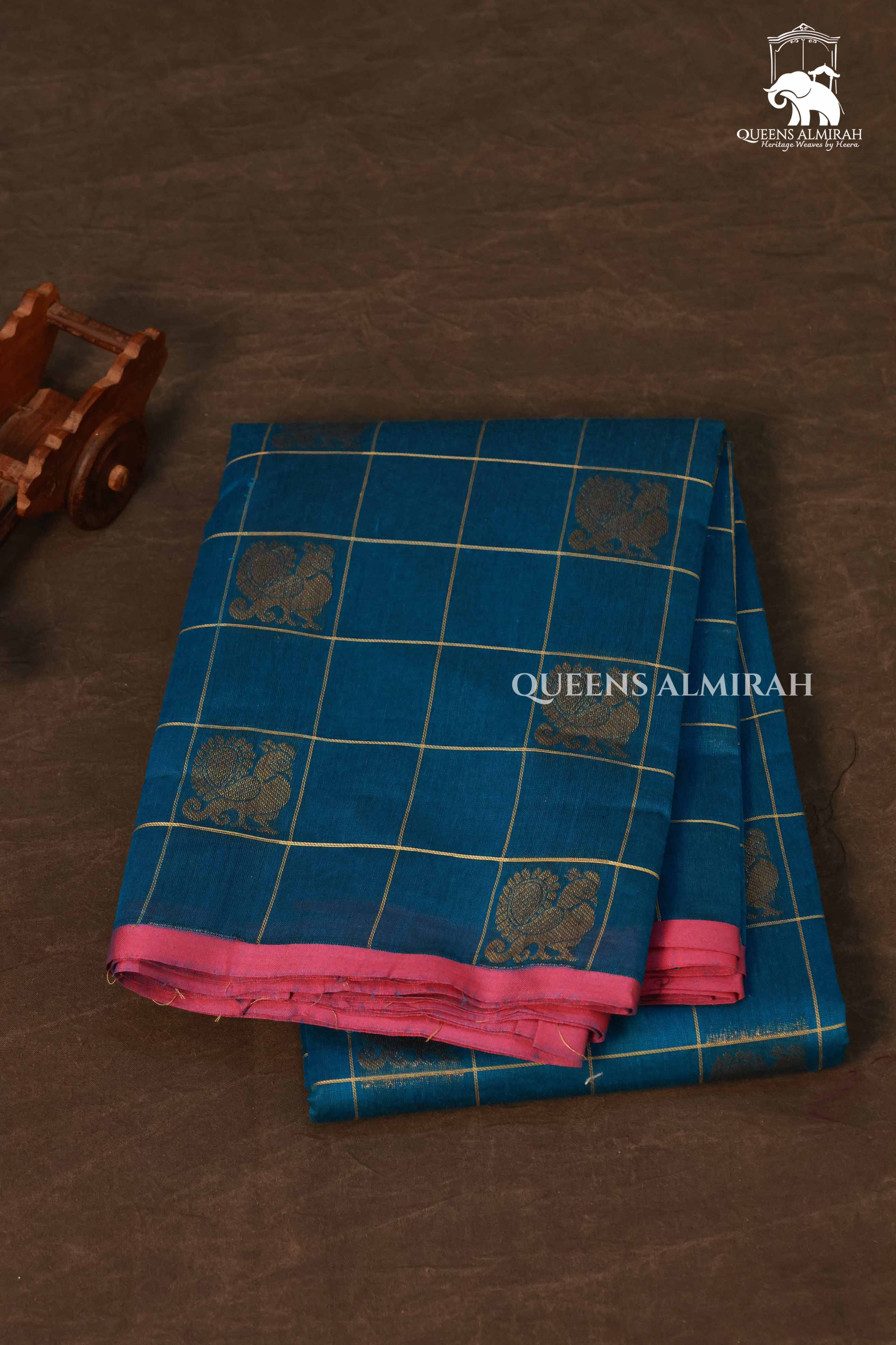 Dark Blue Kattam With Peacock Butta Kanchi Cotton Saree