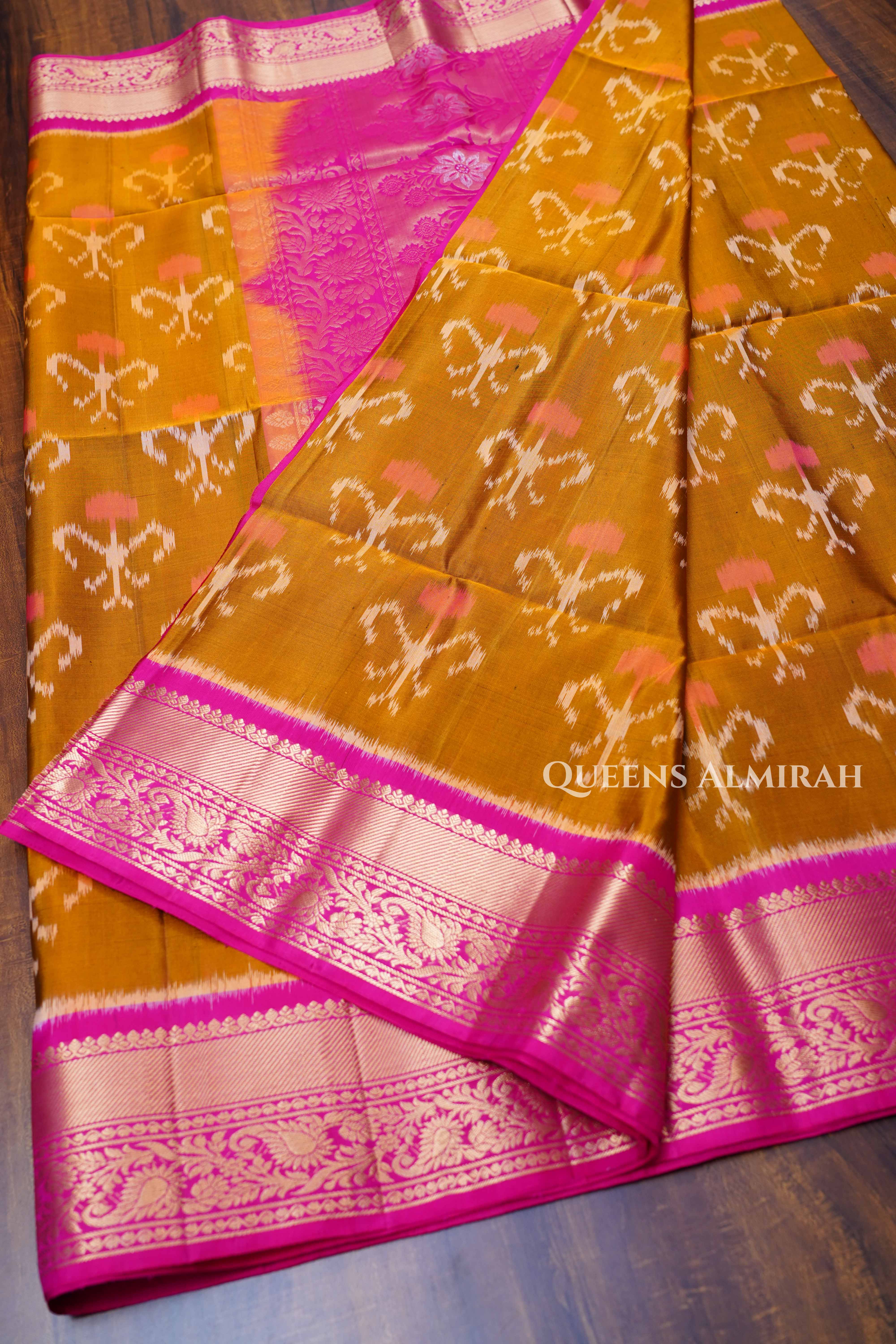 Mustard Yellow With Pink Pure Soft Silk Saree