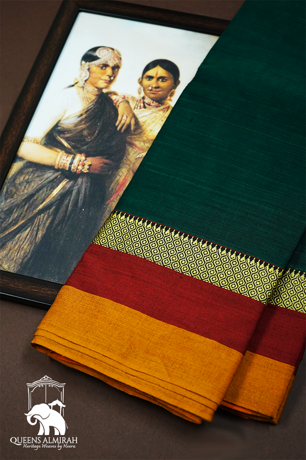 DARK GREEN WITH MULTI COLOR BORDER NARAYANPET COTTON SAREE - Queens Jewel Emporium