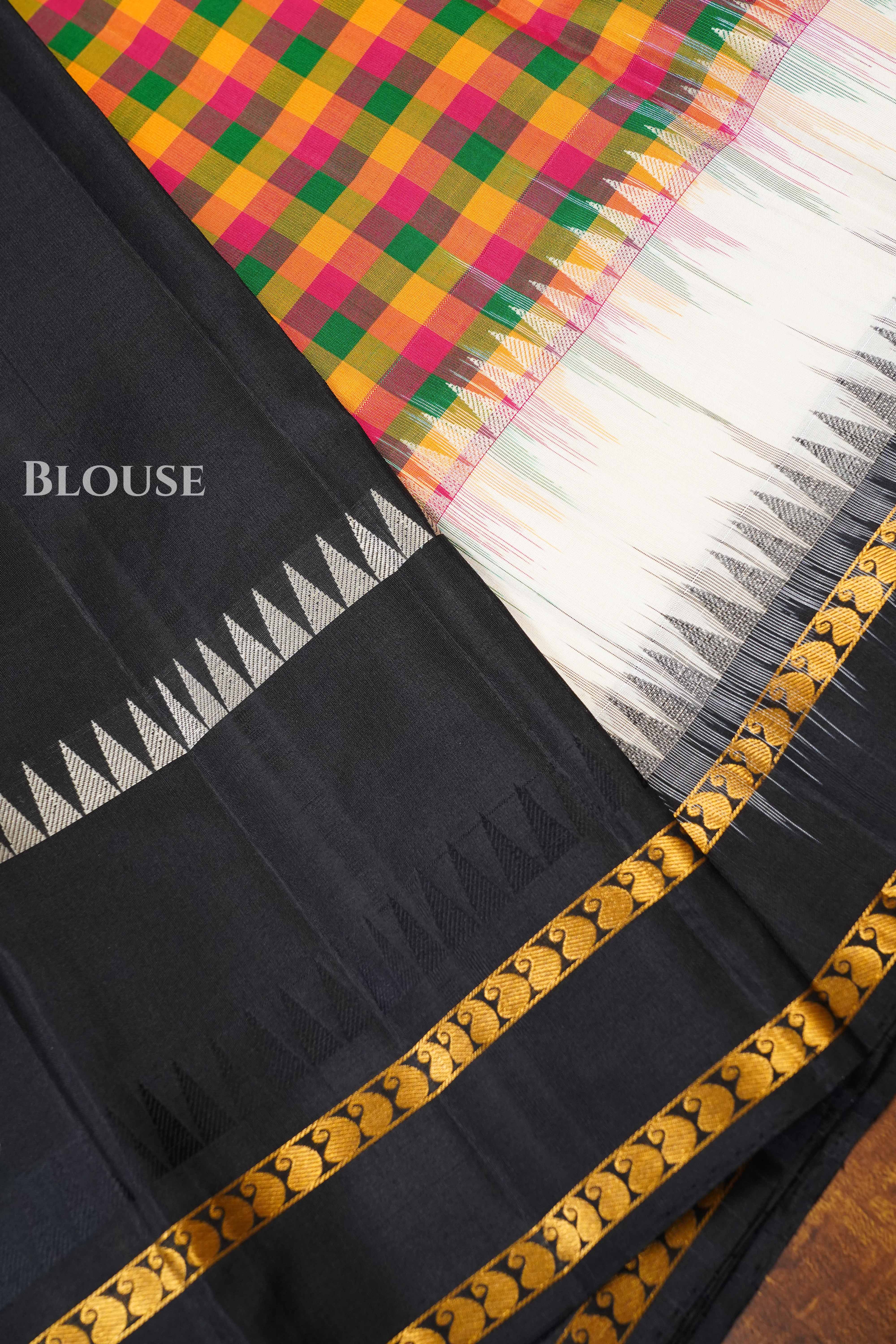 Multi Checks With Black And White Border Pure Kanchivaram Silk Saree