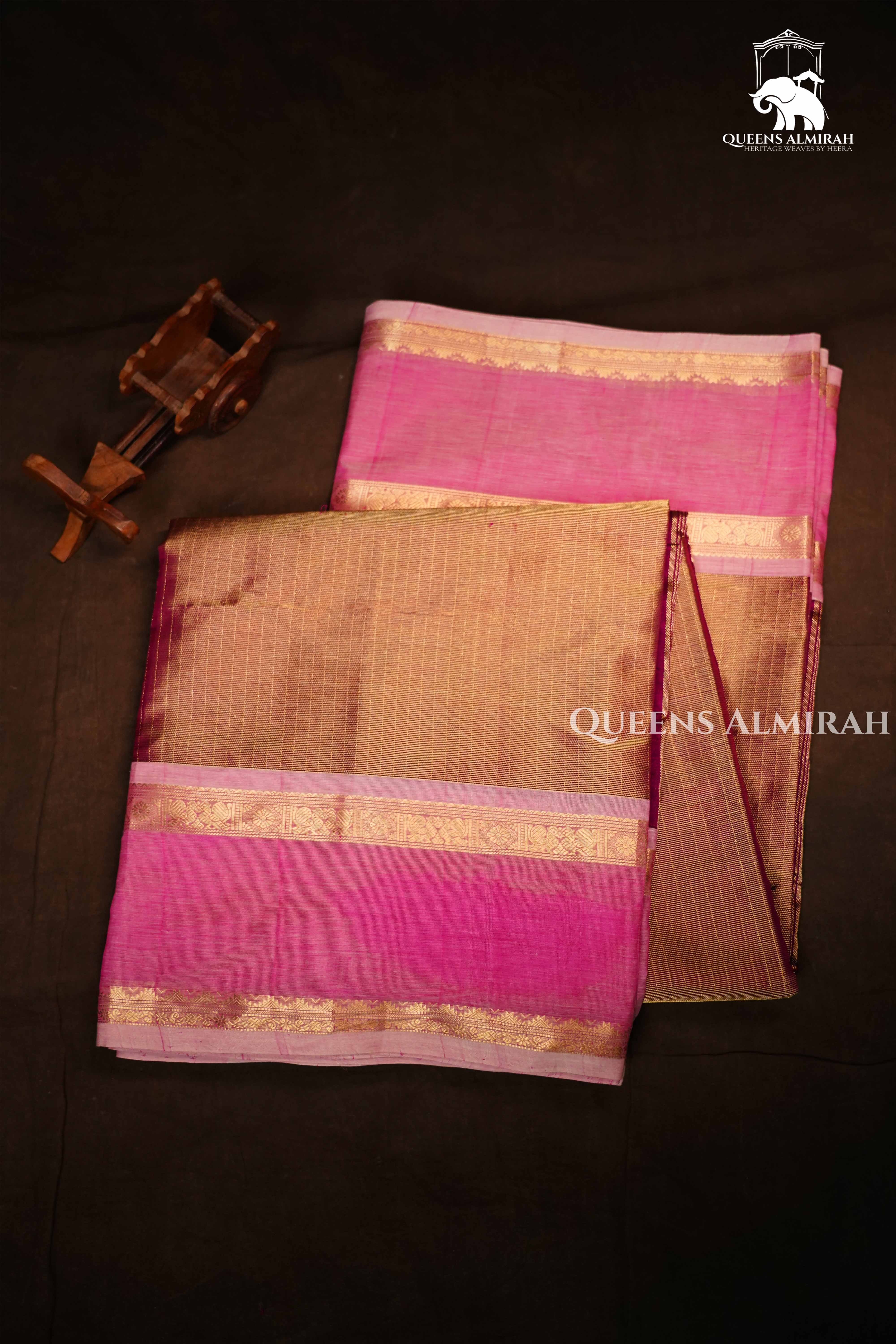 Dual Shade Of Coral Pink-Karaikudi Chettinad Tissue Silk Cotton Saree