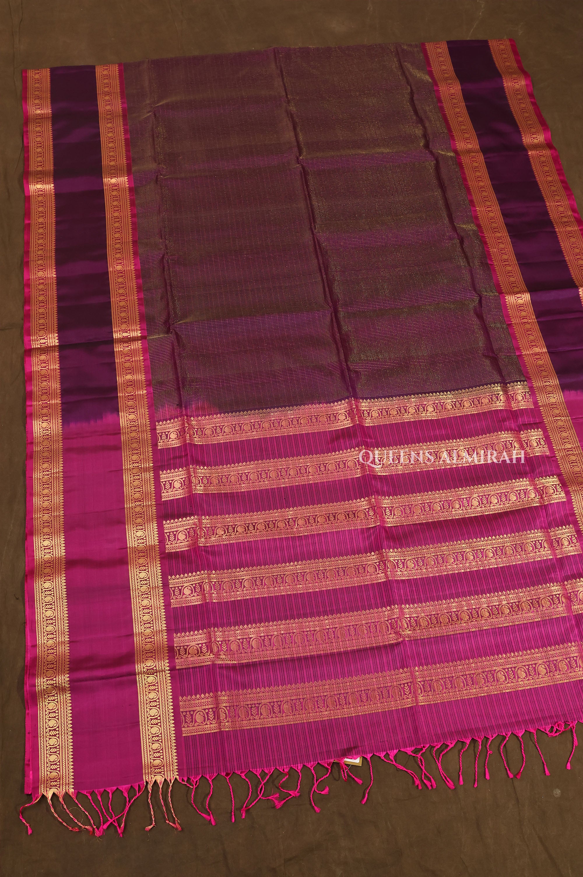 Deep Wine With Magenta Pink Rettapetta Border Payadi Pure Soft Silk Saree