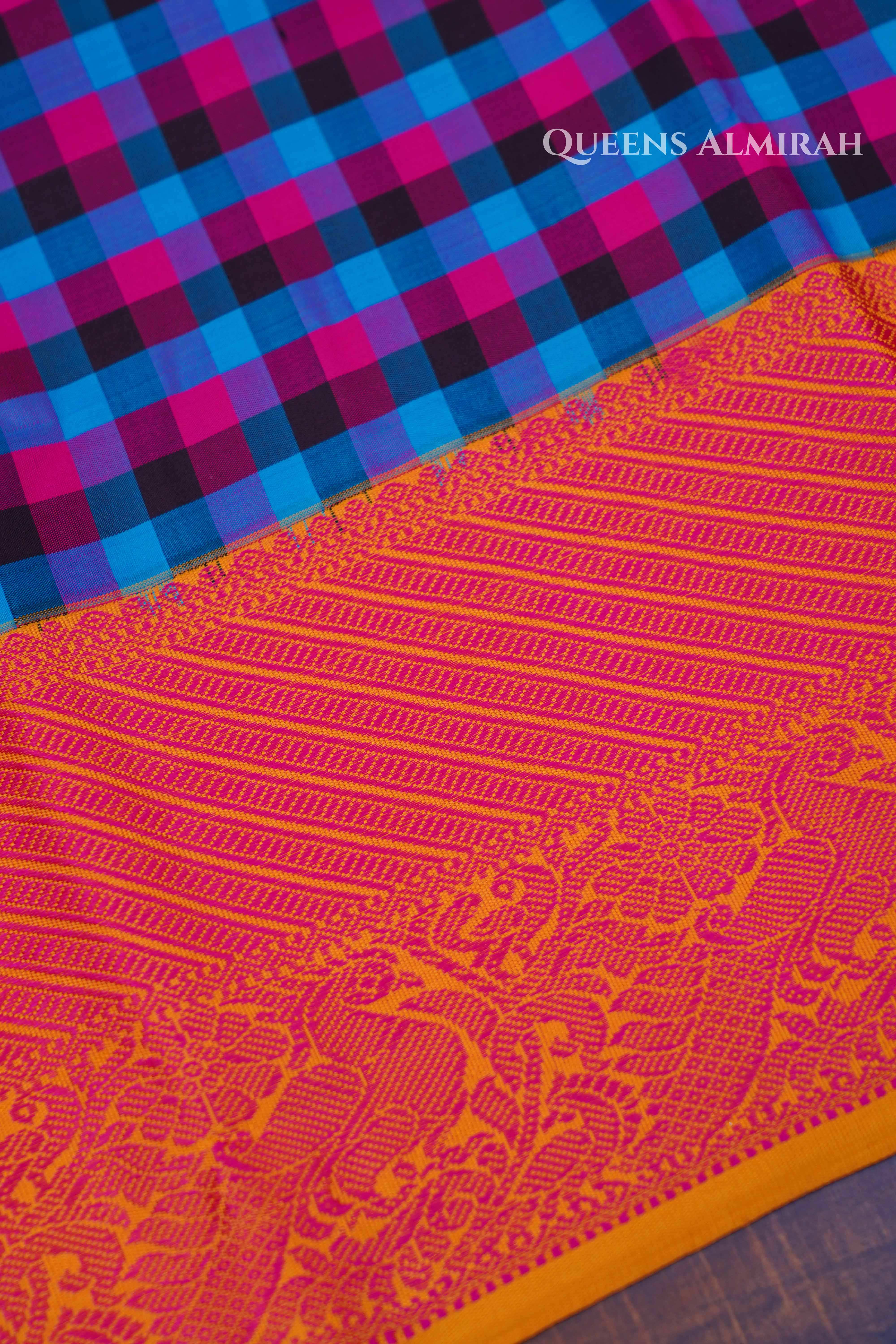 Blue With Pink Checks Kuravanji Silk Saree