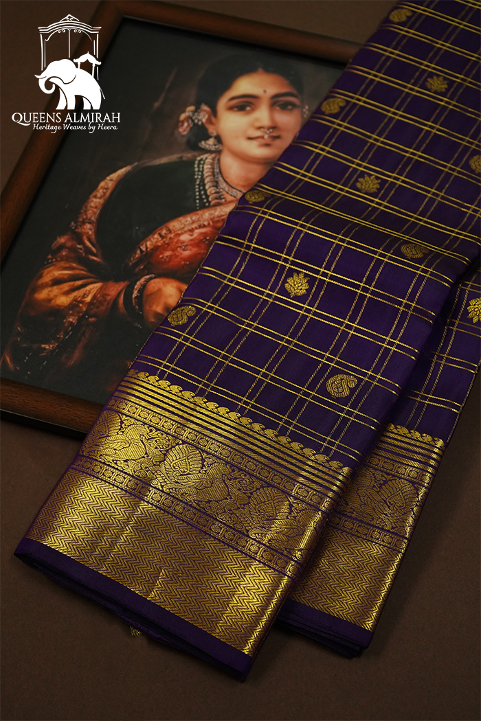 DARK PURPLE WITH GOLDEN BORDER PURE KANCHIVARAM SILK SAREE - Queens Jewel Emporium