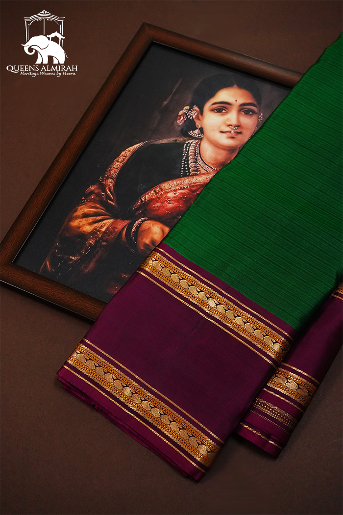 COUNTY GREEN WITH SEAL BROWN PURE KANCHIVARAM SILK SAREE - Queens Jewel Emporium