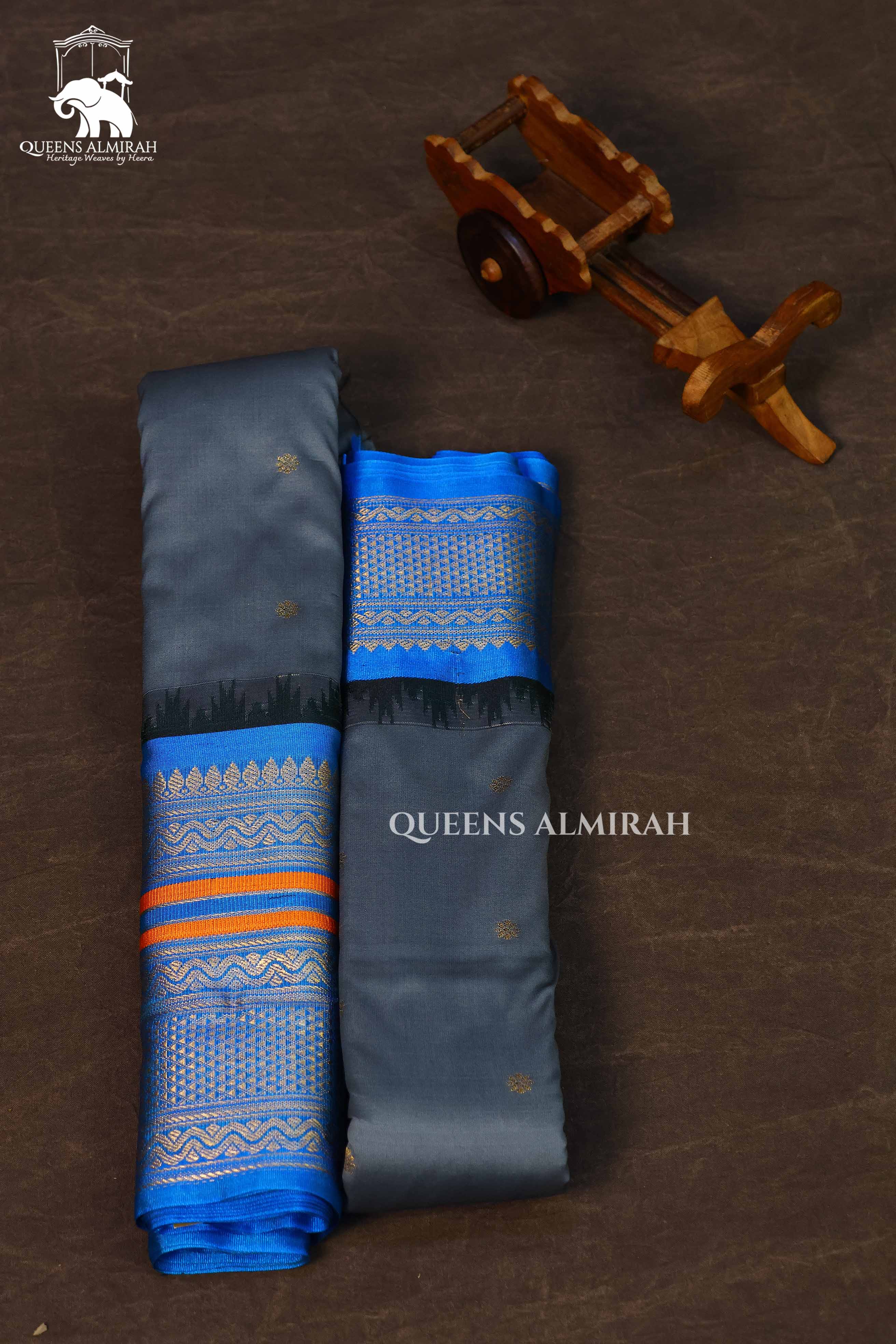 Ash With Blue Semi Gadwal Silk Saree