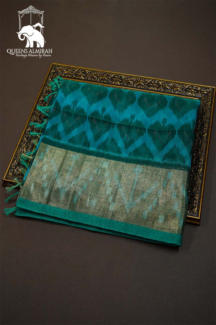 PURE SILK COTTON SAREE - TEAL GREEN WITH LEAF GREEN - Queens Jewel Emporium