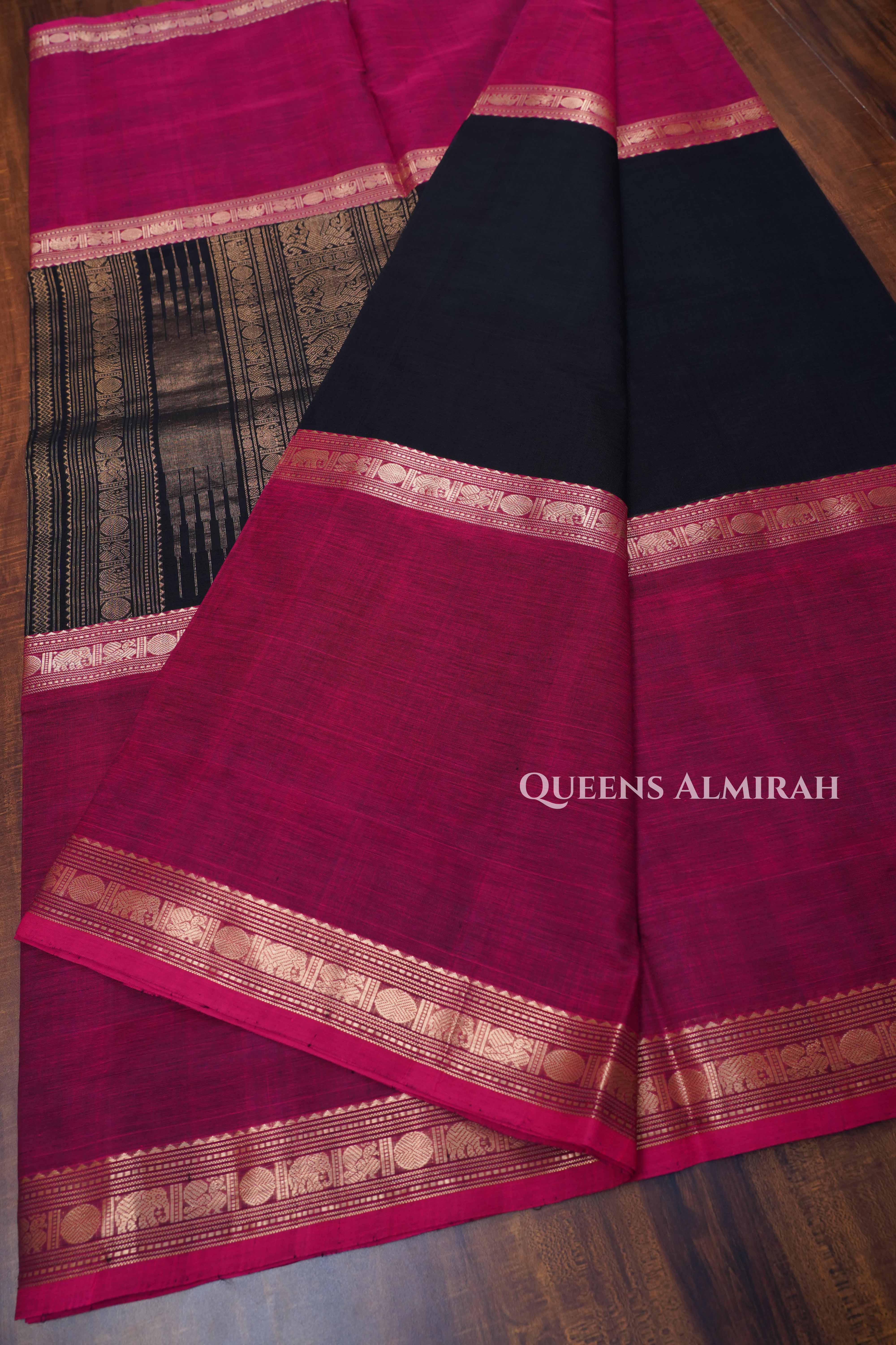 Burgundy With Black Karaikudi Chettinad Silk Cotton Saree