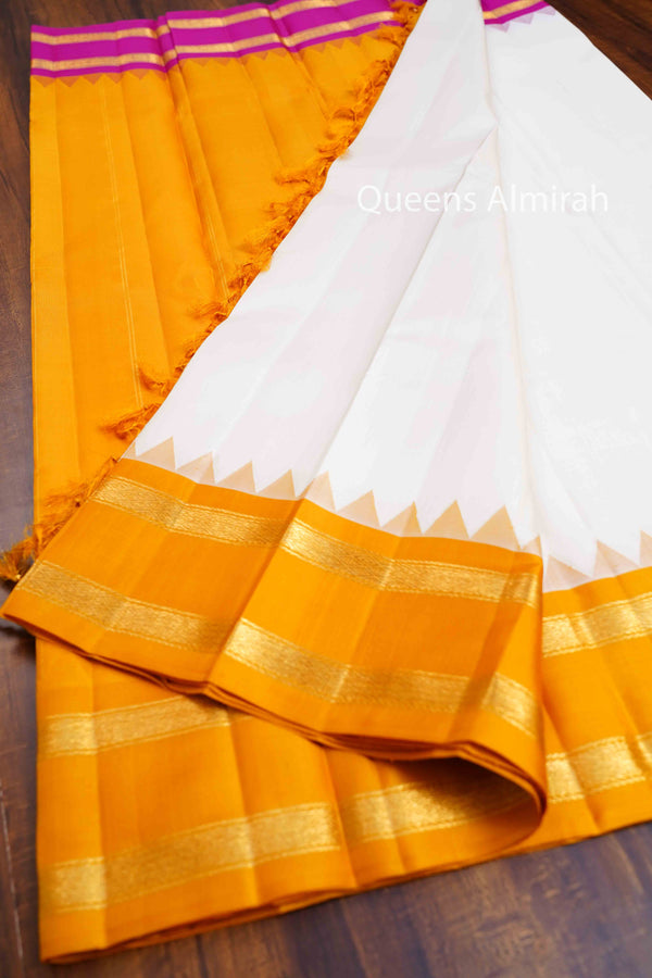 WHITE WITH MANGO YELLOW AND JAZZBERRYJAM PINK PURE KANCHIVARAM SILK SAREE - Queens Jewel Emporium