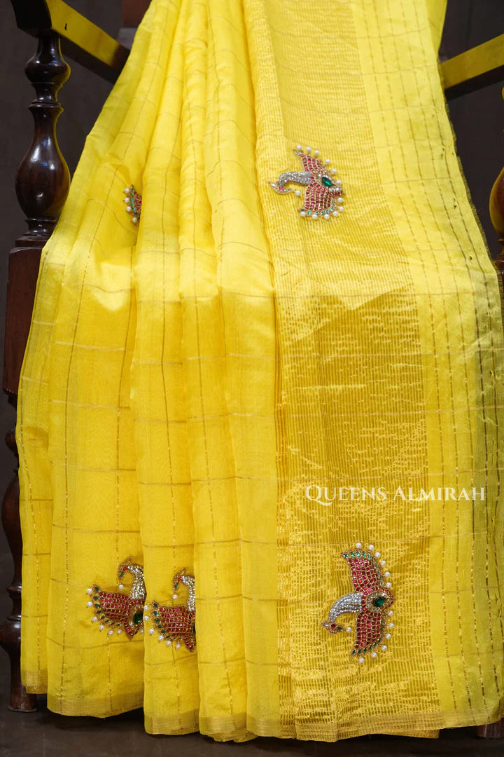 Yellow Maya Pakshi Designer Pure Chanderi Silk Saree