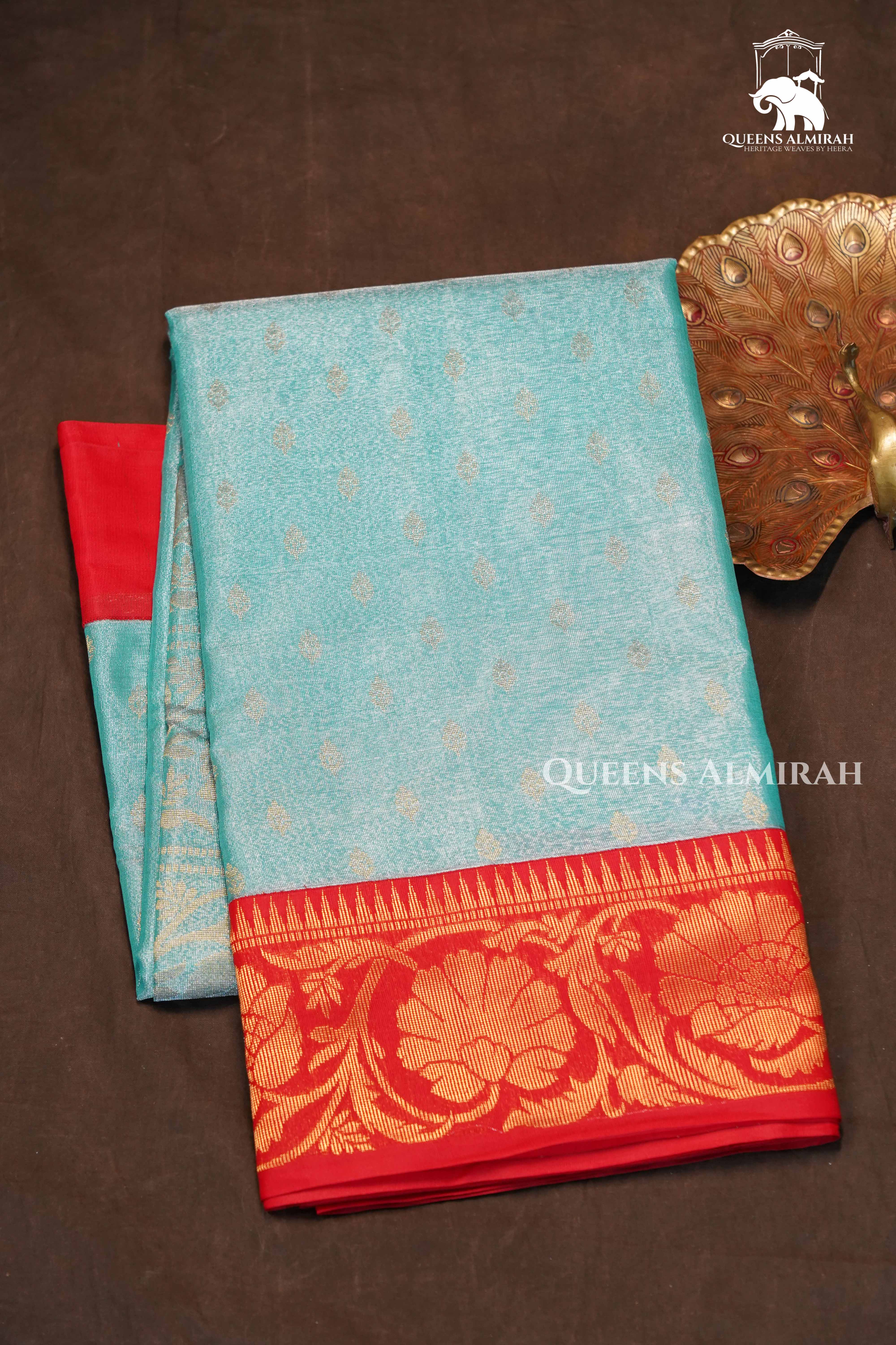 Ice Blue With Red Tissue Silk Cotton Saree