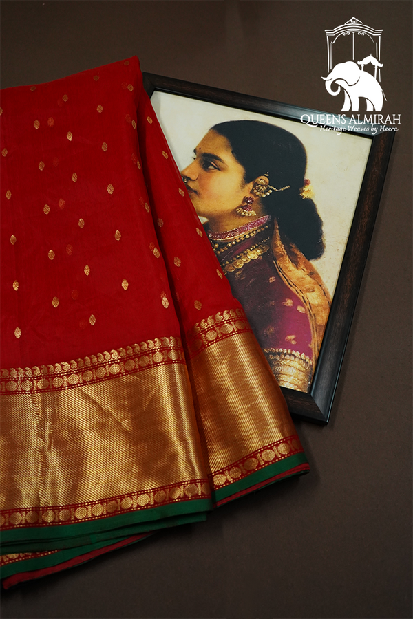 RED - TRADITIONAL CHANDERI KATAN SILK HANDLOOM SAREE - Queens Jewel Emporium