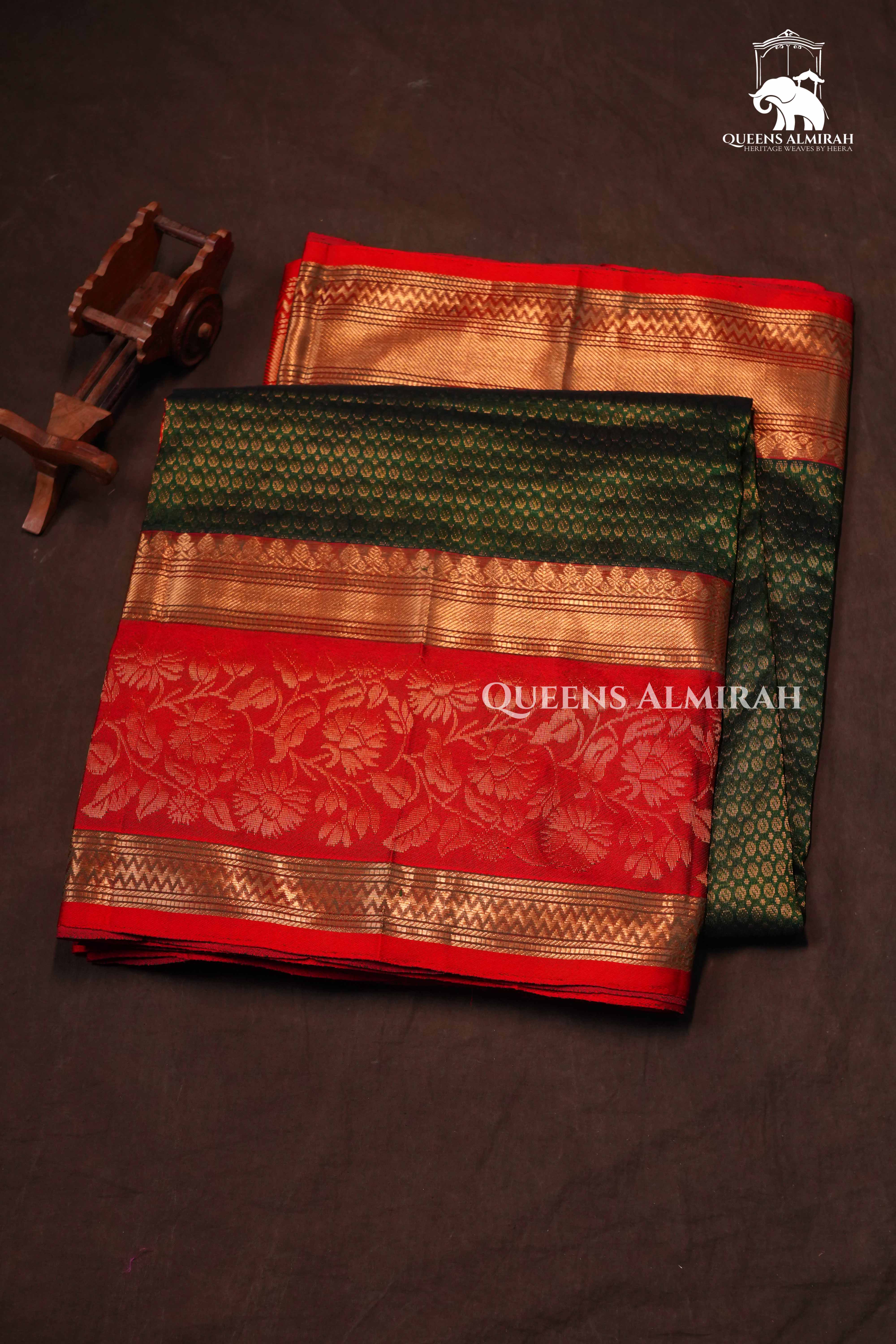 Dark Green With Red Pure Kanchi Silk Cotton Saree