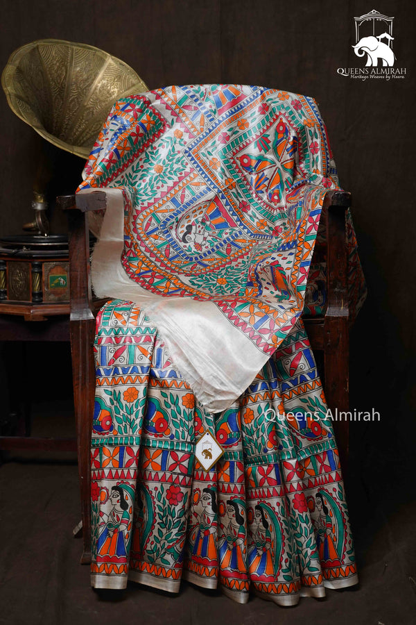 OFF WHITE MADHUBANI HAND PAINTED PURE TUSSAR SILK SAREE 11 - Queens Jewel Emporium
