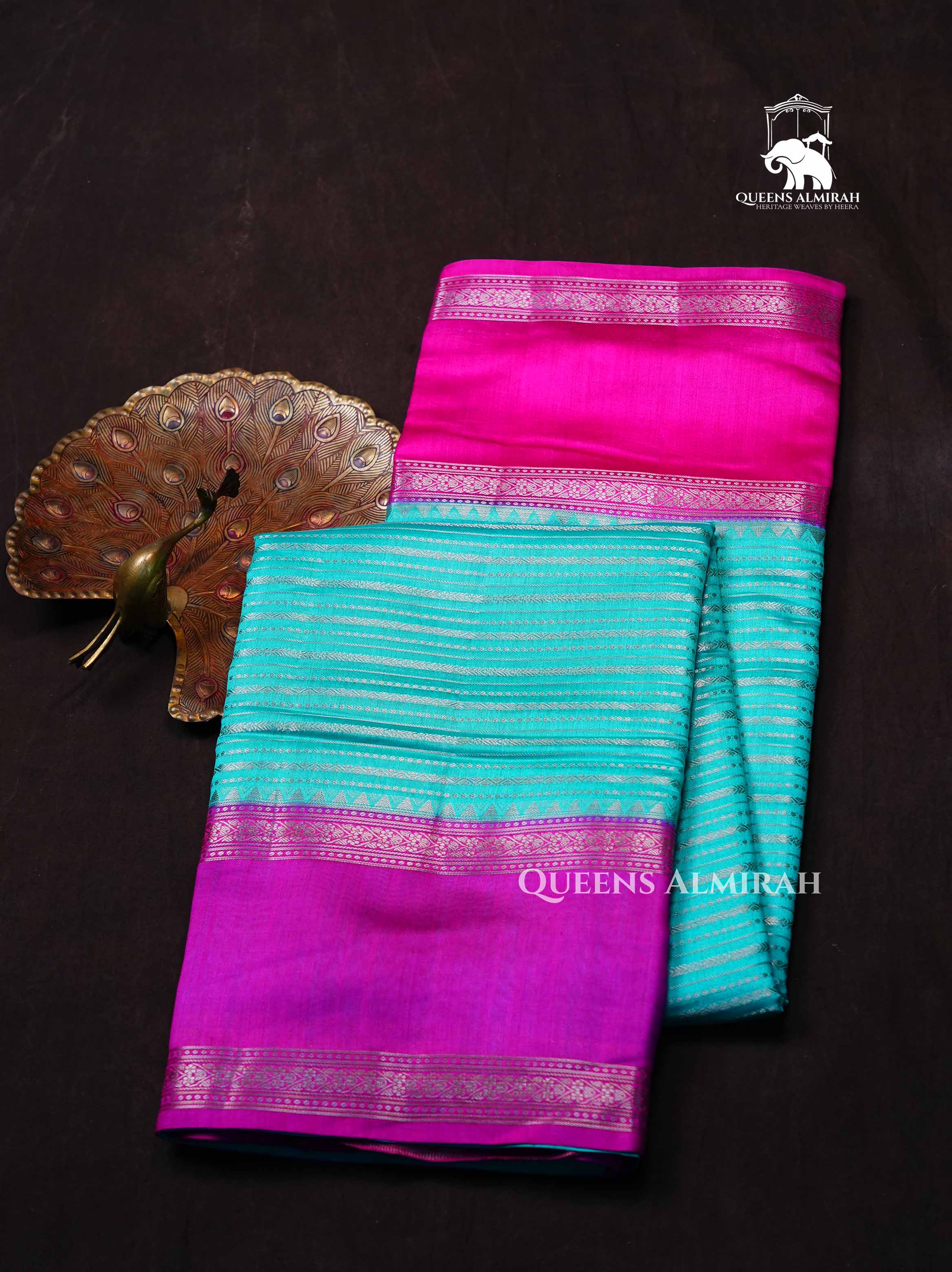 Turquoise Blue With Pink Chiniya Silk Saree