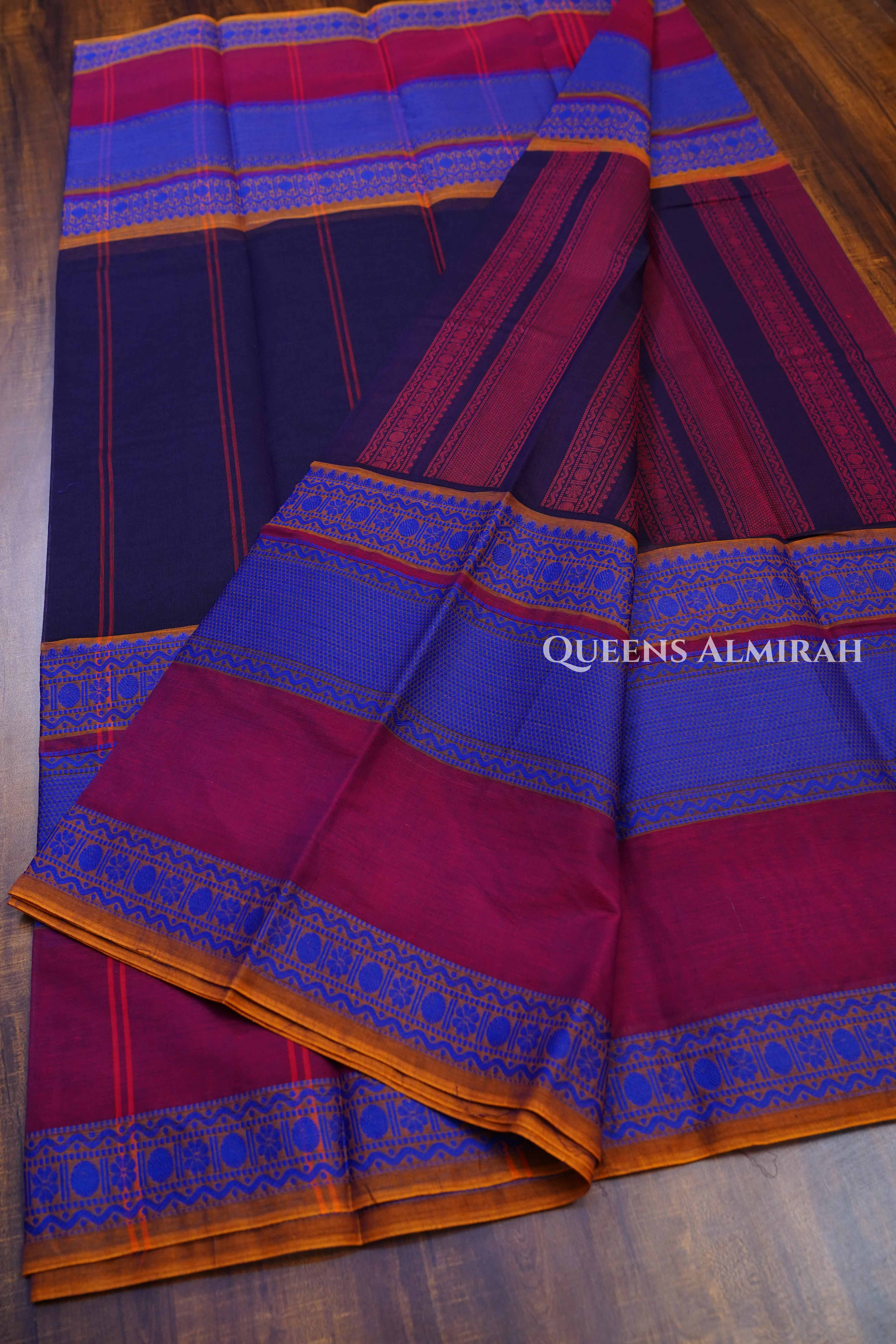 Wine With Ink Blue Chettinad Cotton Saree