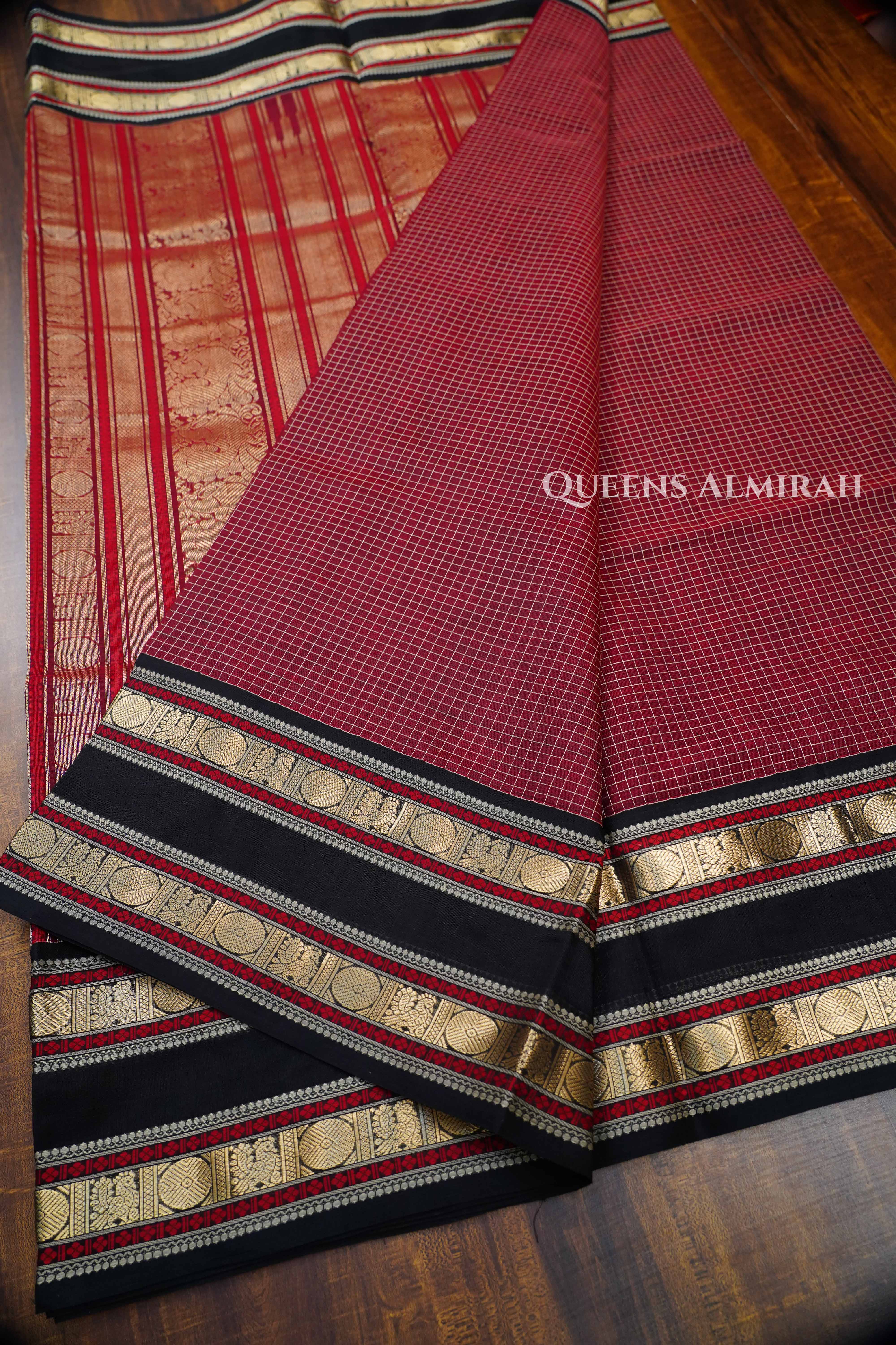 Maroon With Black -Karaikudi Chettinad Silk Cotton Saree