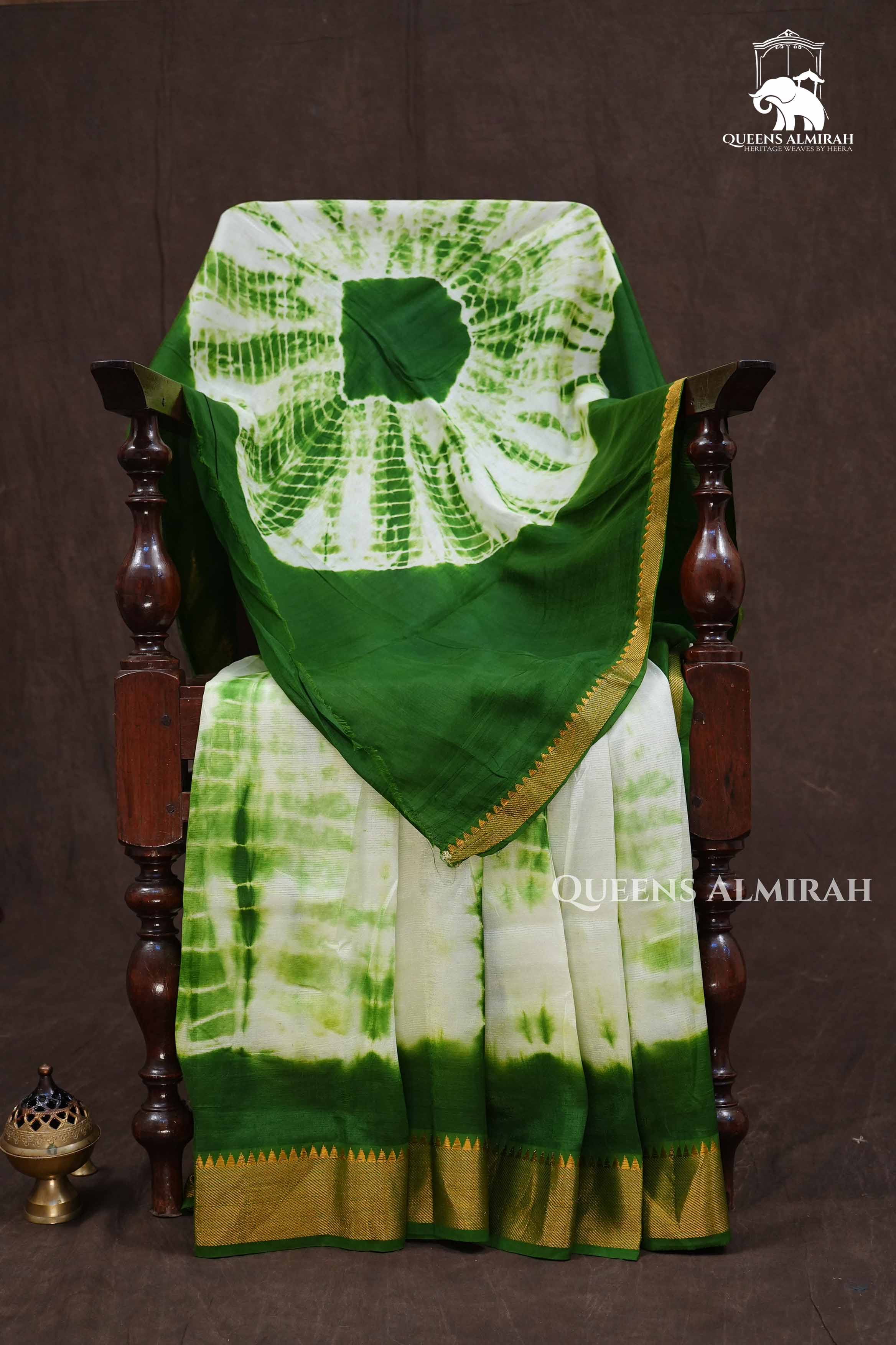 Green With White Shibori Mangalgiri Saree