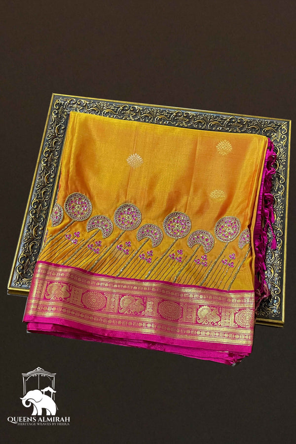 MANGO YELLOW WITH BERRY PINK SOFT SILK SAREE - Queens Jewel Emporium